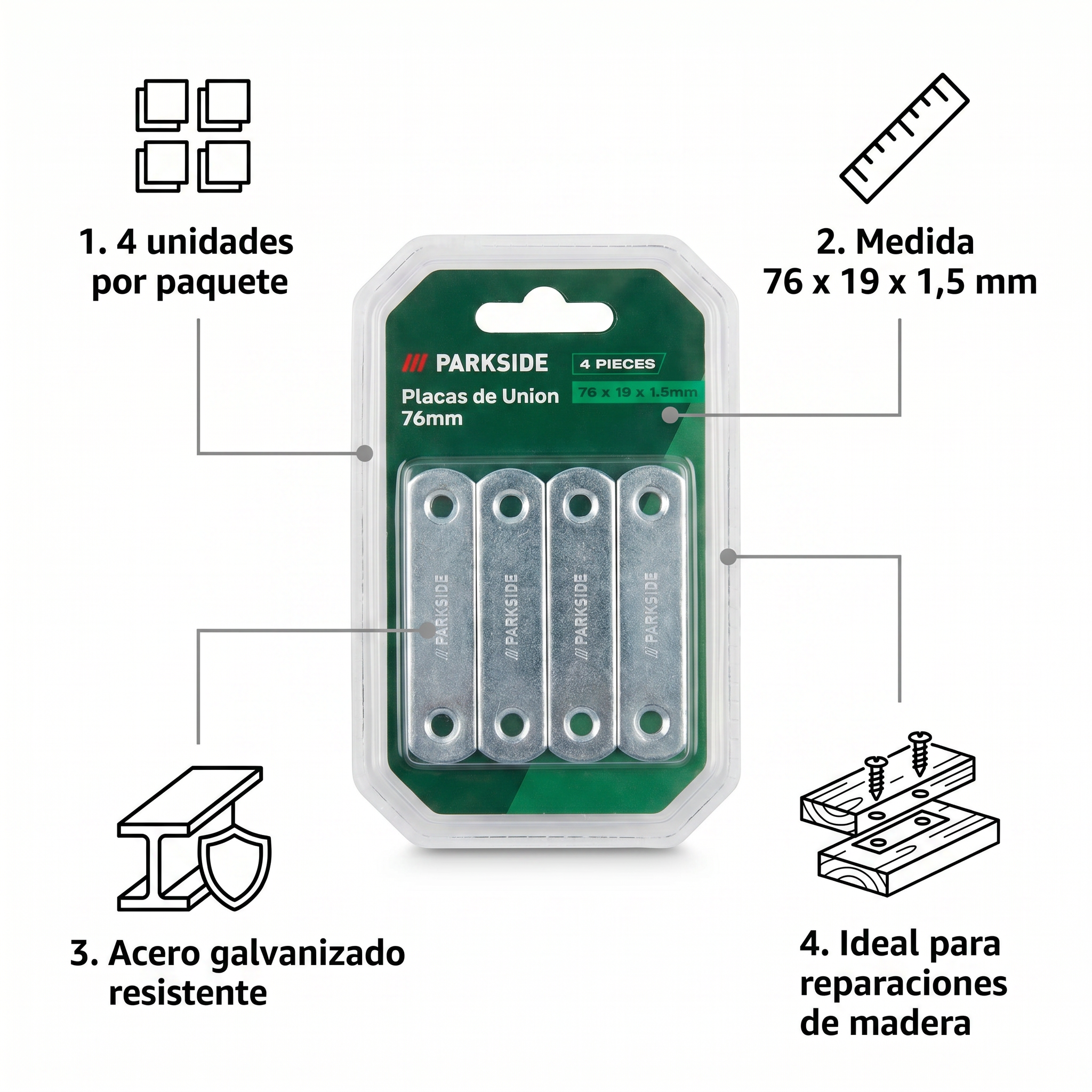 Placas de Unión 76mm Parkside 4 uds