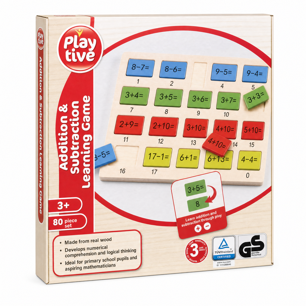Playtive Juego de sumas y restas de madera, 80 piezas, con tablero y fichas numéricas