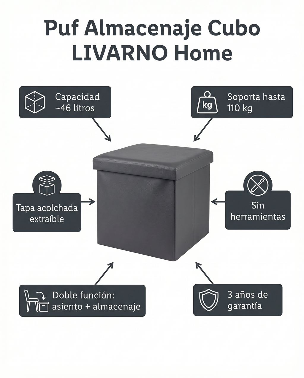 Puf Almacenaje Cubo LIVARNO Home — Gris Antracita