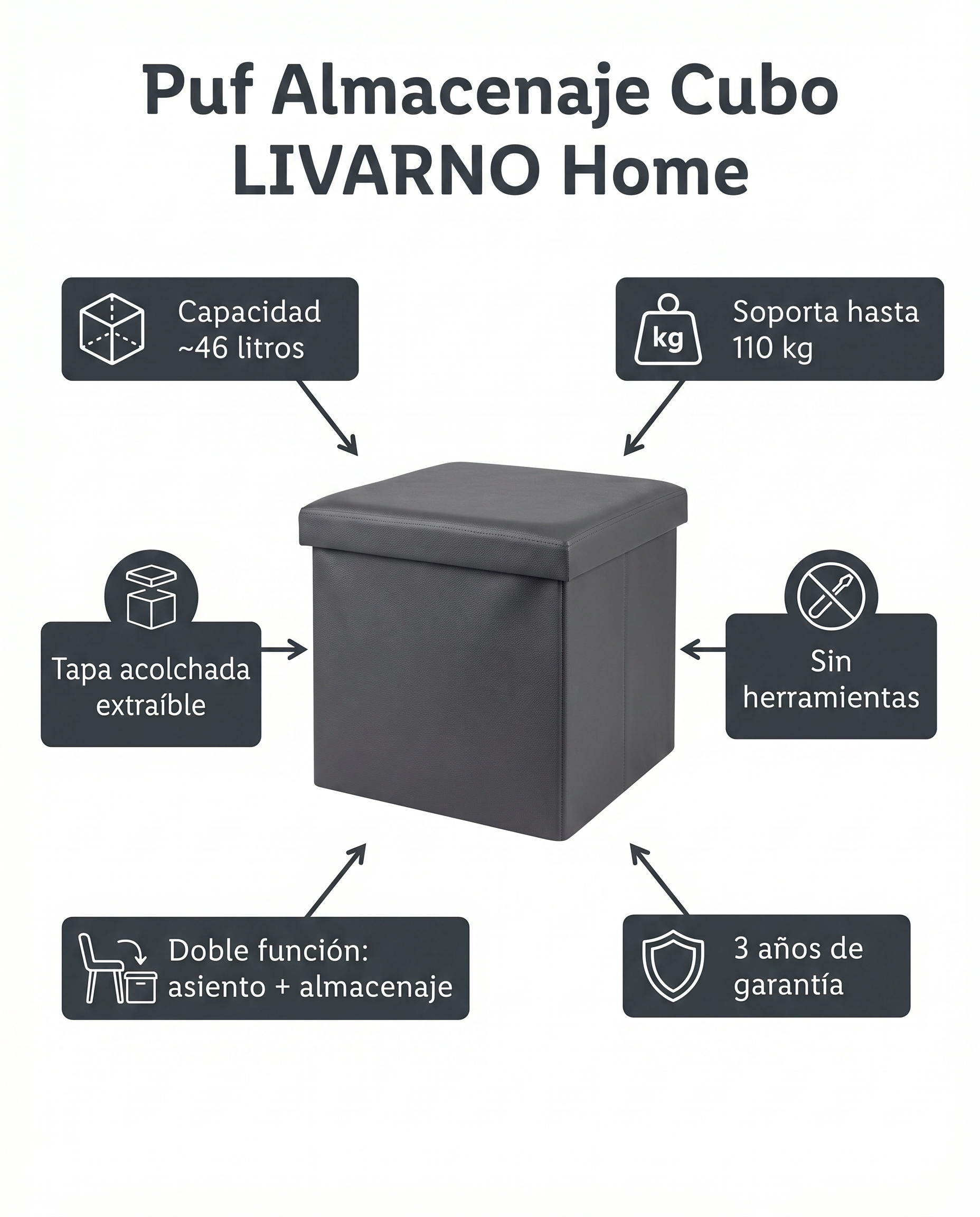 Puf Almacenaje Cubo LIVARNO Home — Gris Antracita
