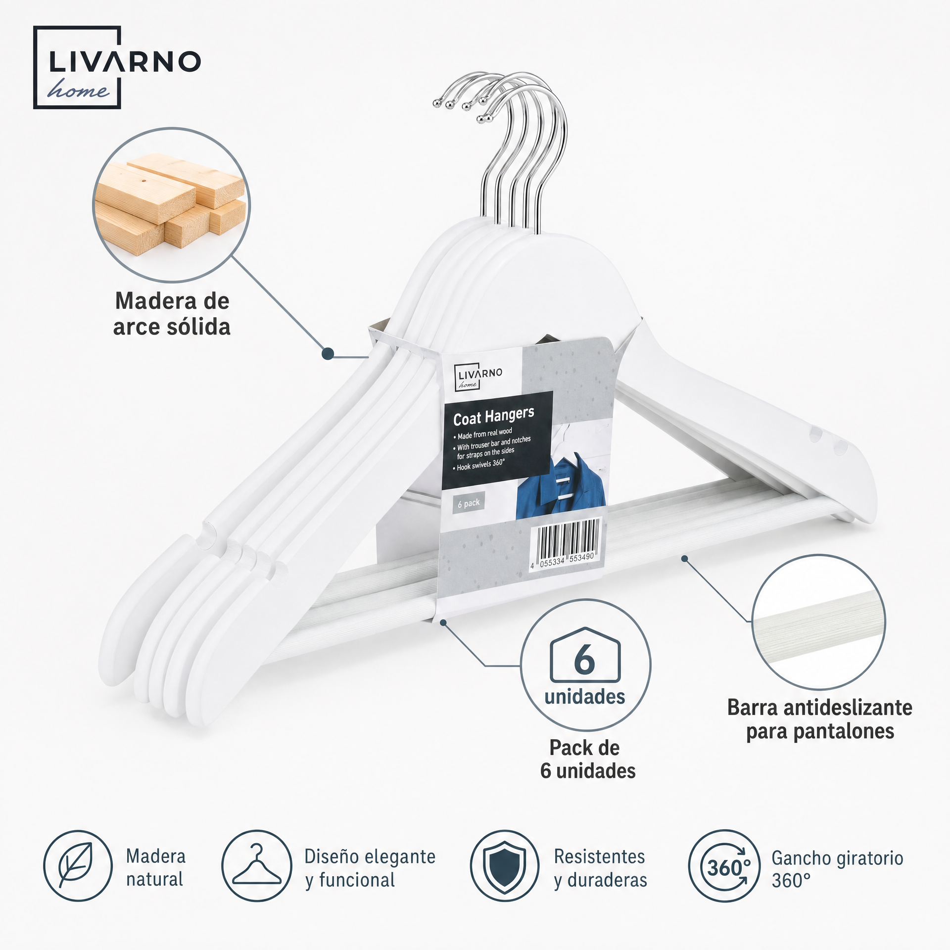 Livarno Perchas con Gancho Metálico Giratorio, Muescas Laterales y Barra para Pantalones