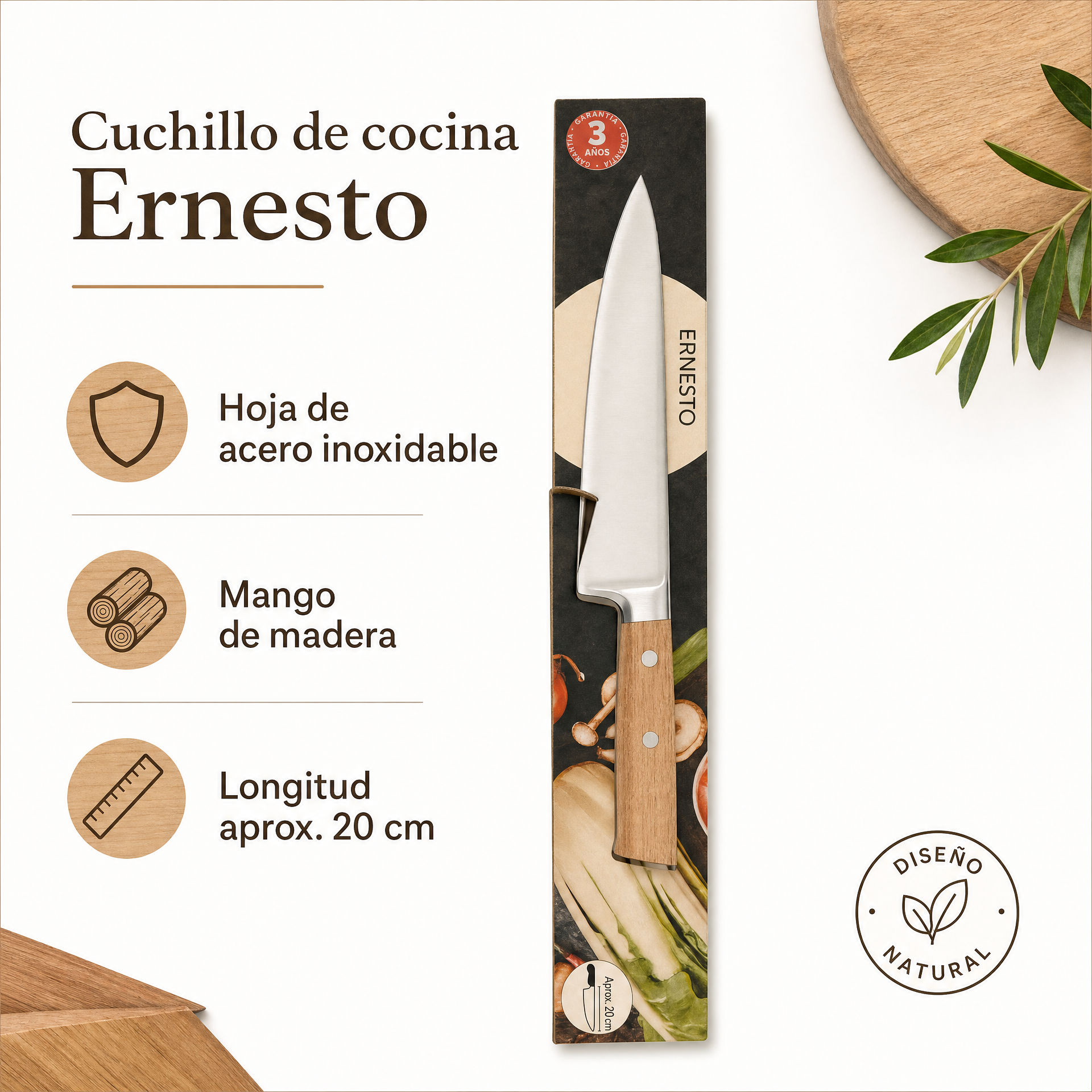 Ernesto Cuchillo de Cocina Acero Inoxidable con Mango de Madera 20 cm
