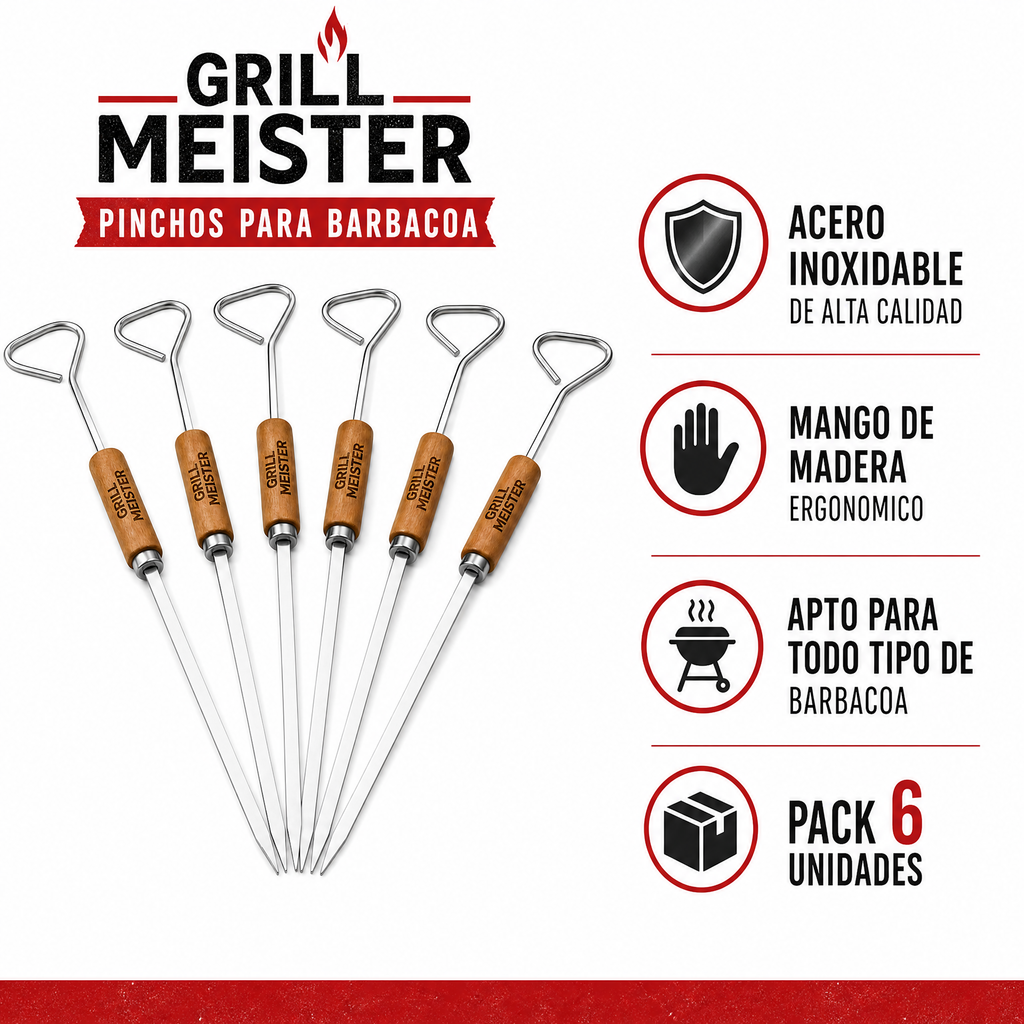 Pinchos para Barbacoa Grill Meister — Pack 6 Unidades Acero Inoxidable con Mango de Madera