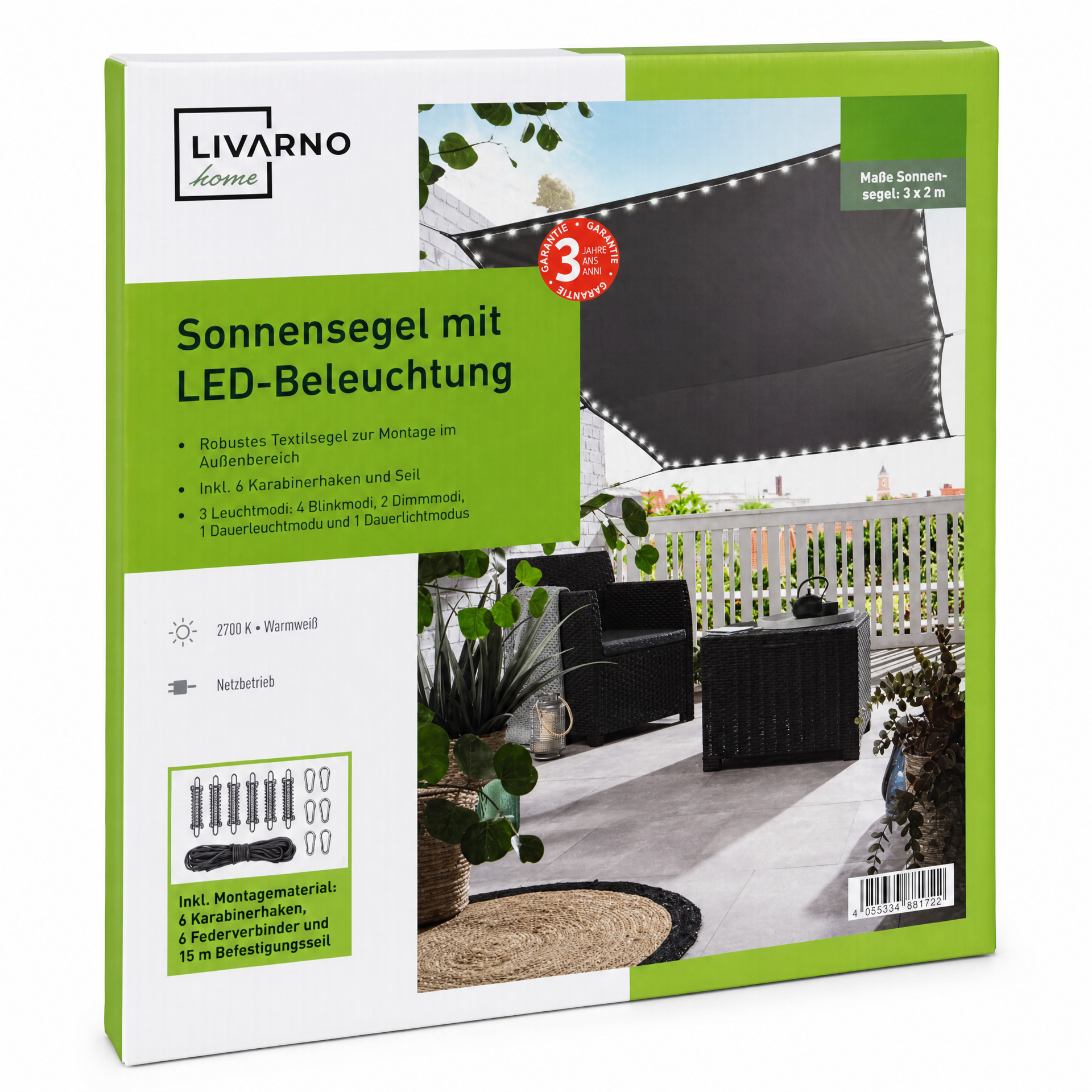 Livarno Sombrilla solar tipo vela con iluminación LED integrada