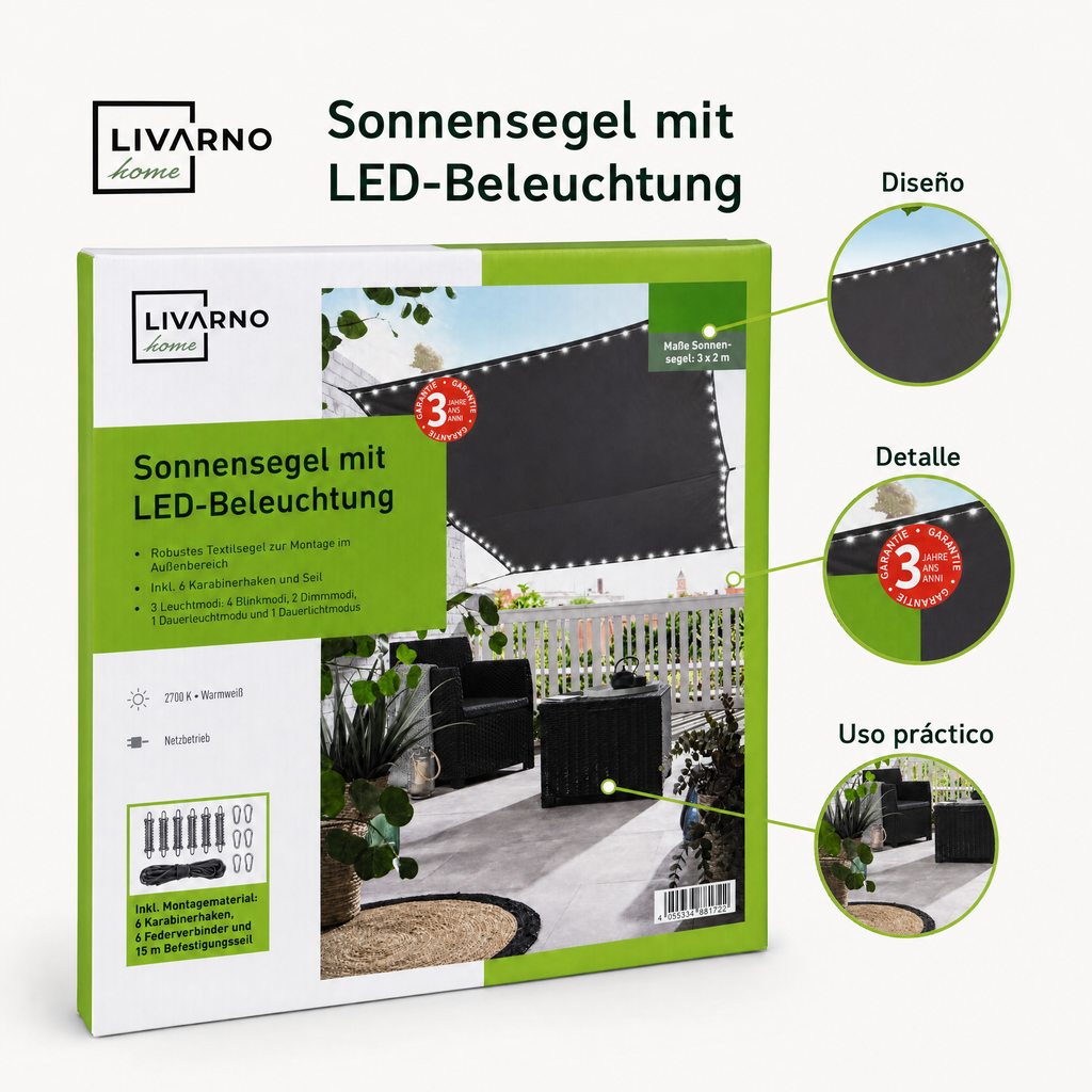 Livarno Sombrilla solar tipo vela con iluminación LED integrada