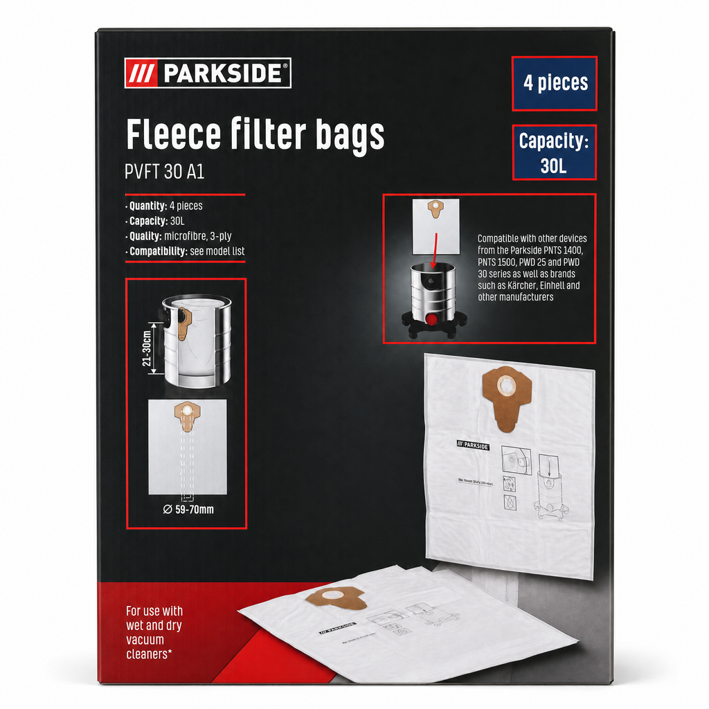 Parkside Bolsas de filtro de fieltro para aspiradora compatibles con PNTS y PWD Pack de 4