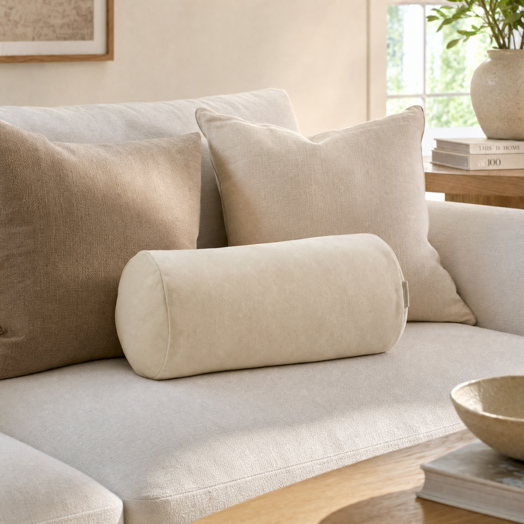 Cojín Cilíndrico Decorativo Beige con Cierre Lateral