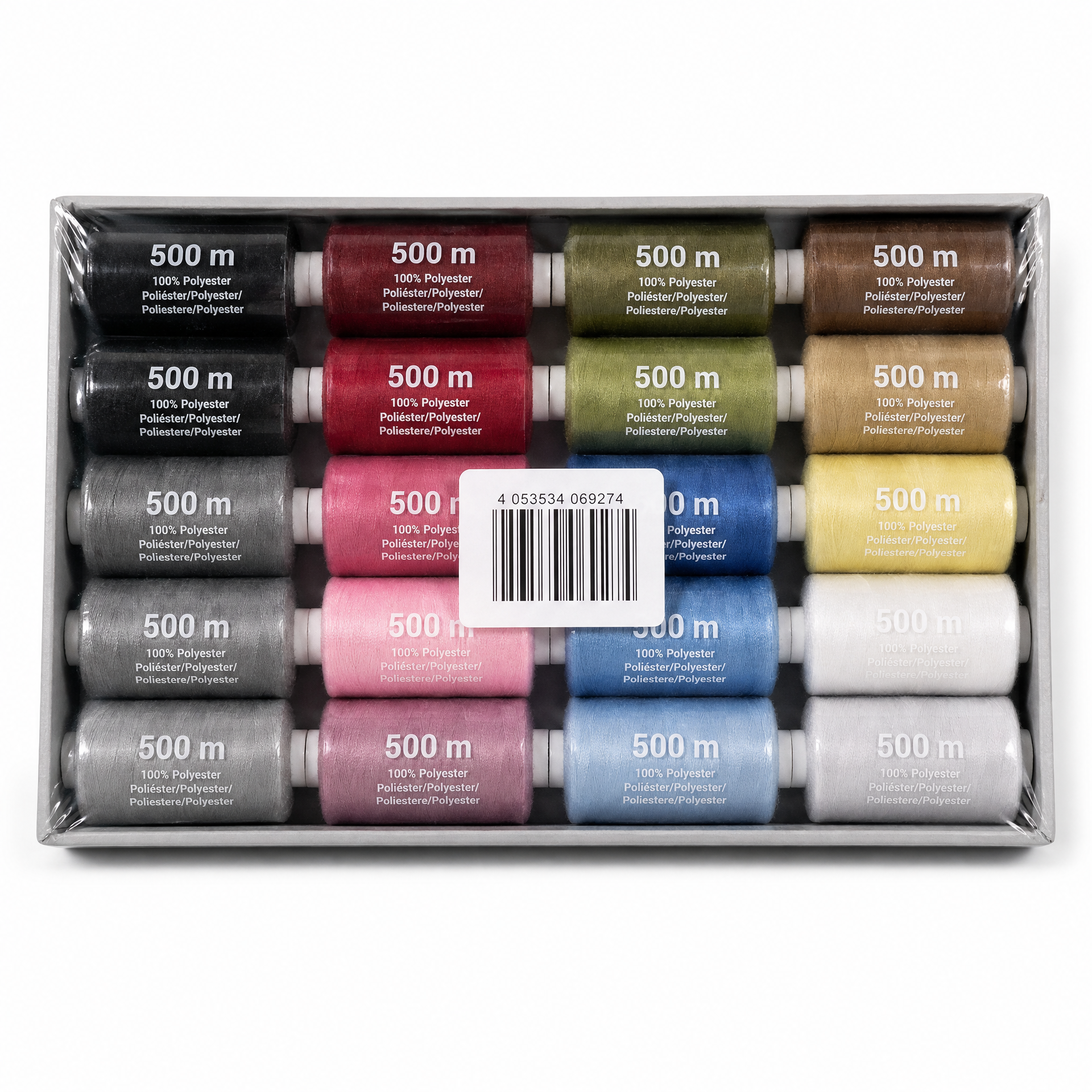 Caja de bobinas de hilo de coser, colores surtidos, varias marcadas 500 m