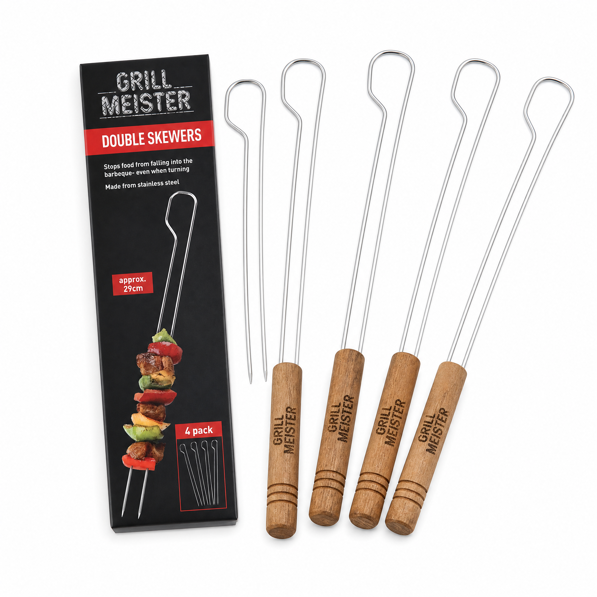 Pinchos Dobles para Barbacoa Grill Meister — Pack 4 Unidades Acero Inoxidable