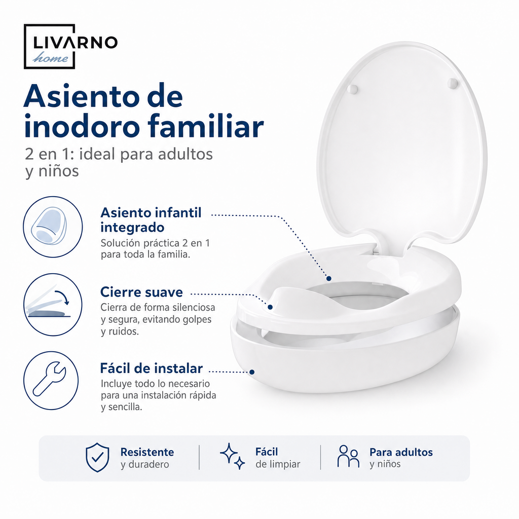 Asiento de inodoro 2 en 1 blanco con reductor infantil integrado en la tapa y cierre suave
