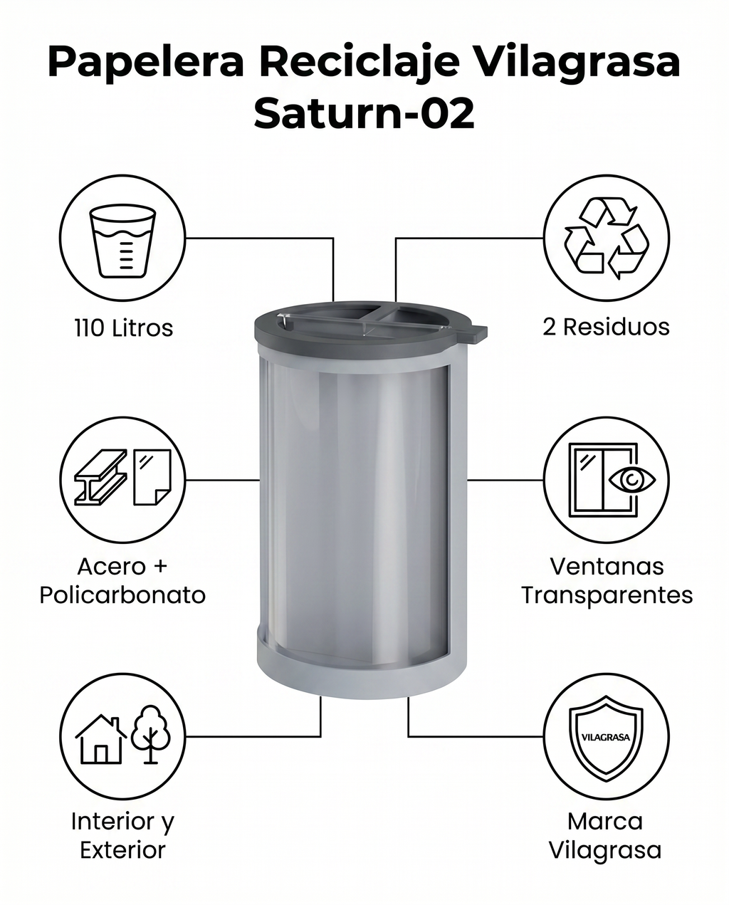 Papelera de Reciclaje Vilagrasa Saturn-02 — 2 Residuos Transparente 110L Gris