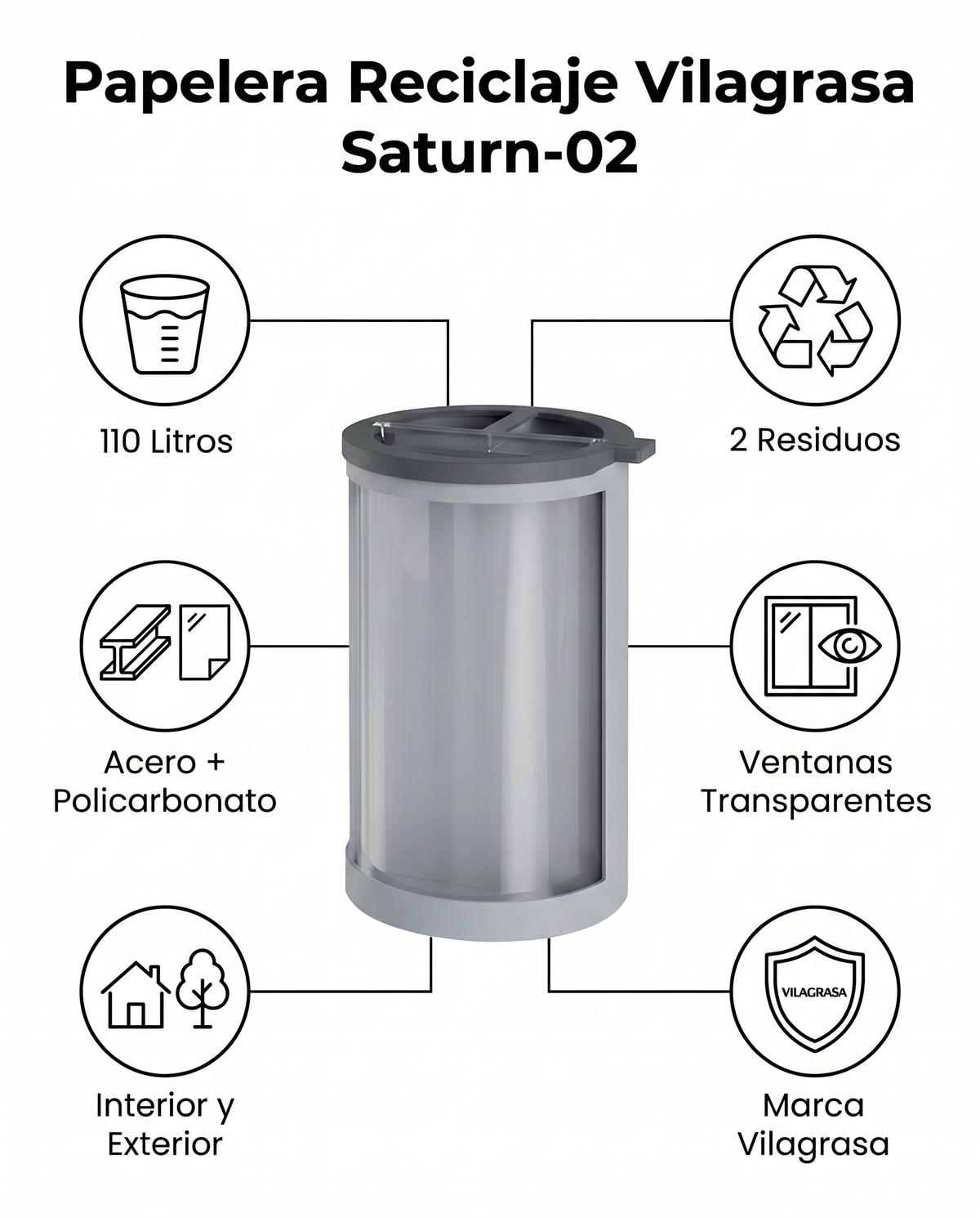 Papelera de Reciclaje Vilagrasa Saturn-02 — 2 Residuos Transparente 110L Gris
