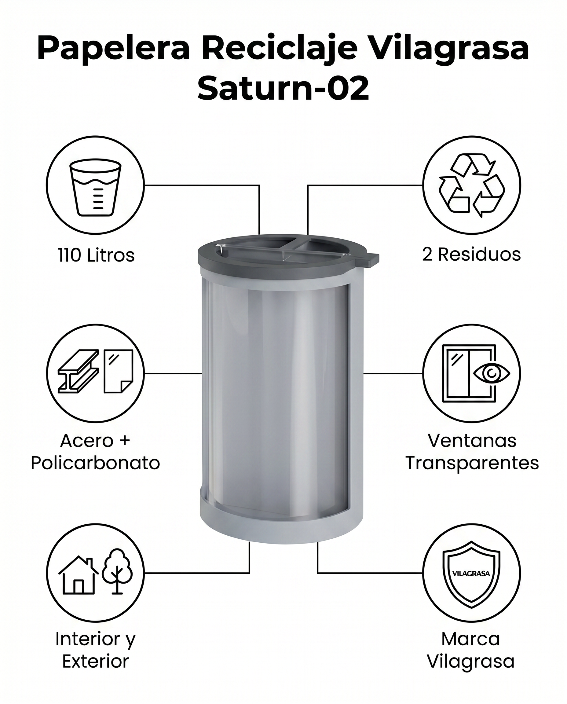 Papelera de Reciclaje Vilagrasa Saturn-02 — 2 Residuos Transparente 110L Gris