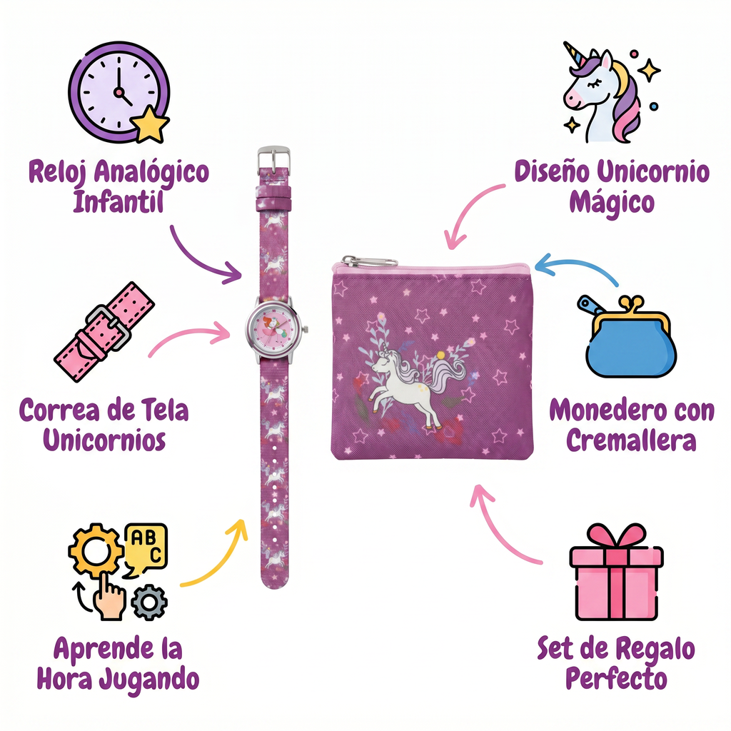 Set Reloj y Monedero Lupilu Niña Unicornio — Rosa/Morado con Estrellas