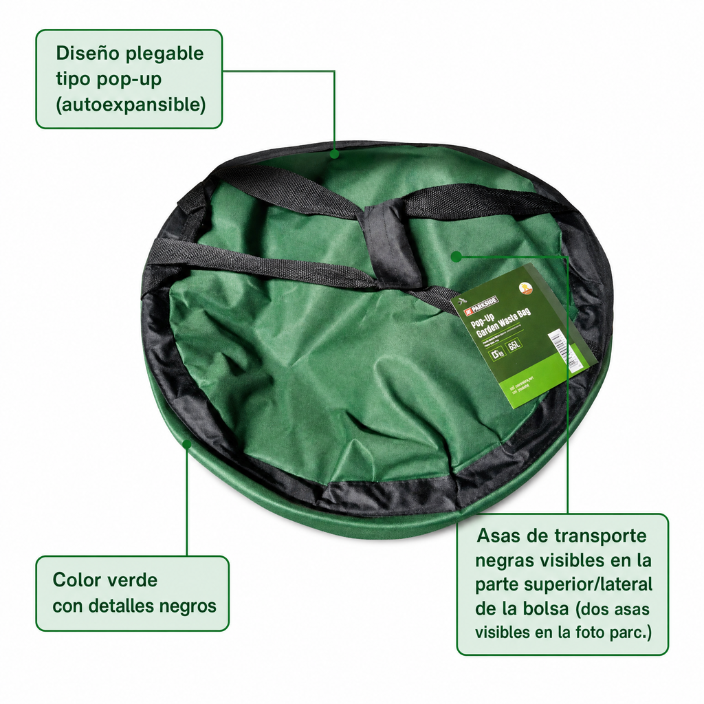Bolsa plegable pop-up para residuos de jardín verde con asas negras y borde circular