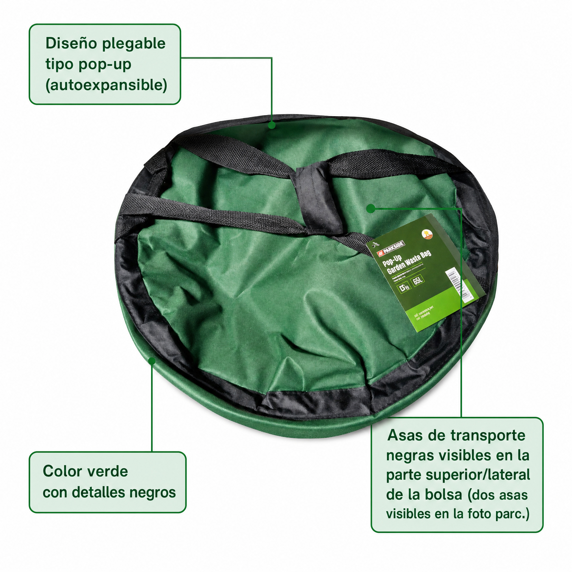 Bolsa plegable pop-up para residuos de jardín verde con asas negras y borde circular