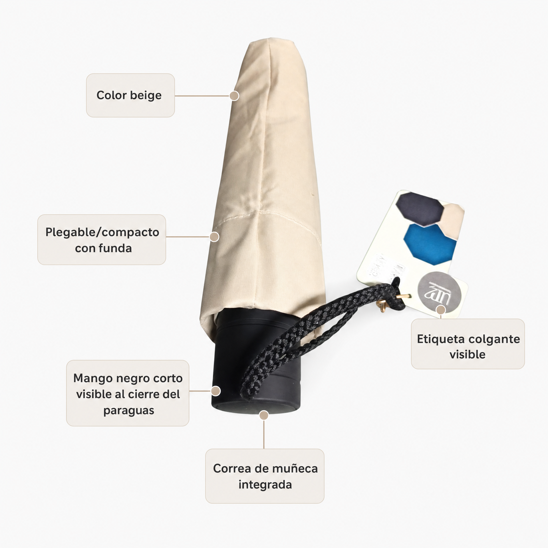 Paraguas plegable de tela beige con funda, mango corto negro y correa de muñeca