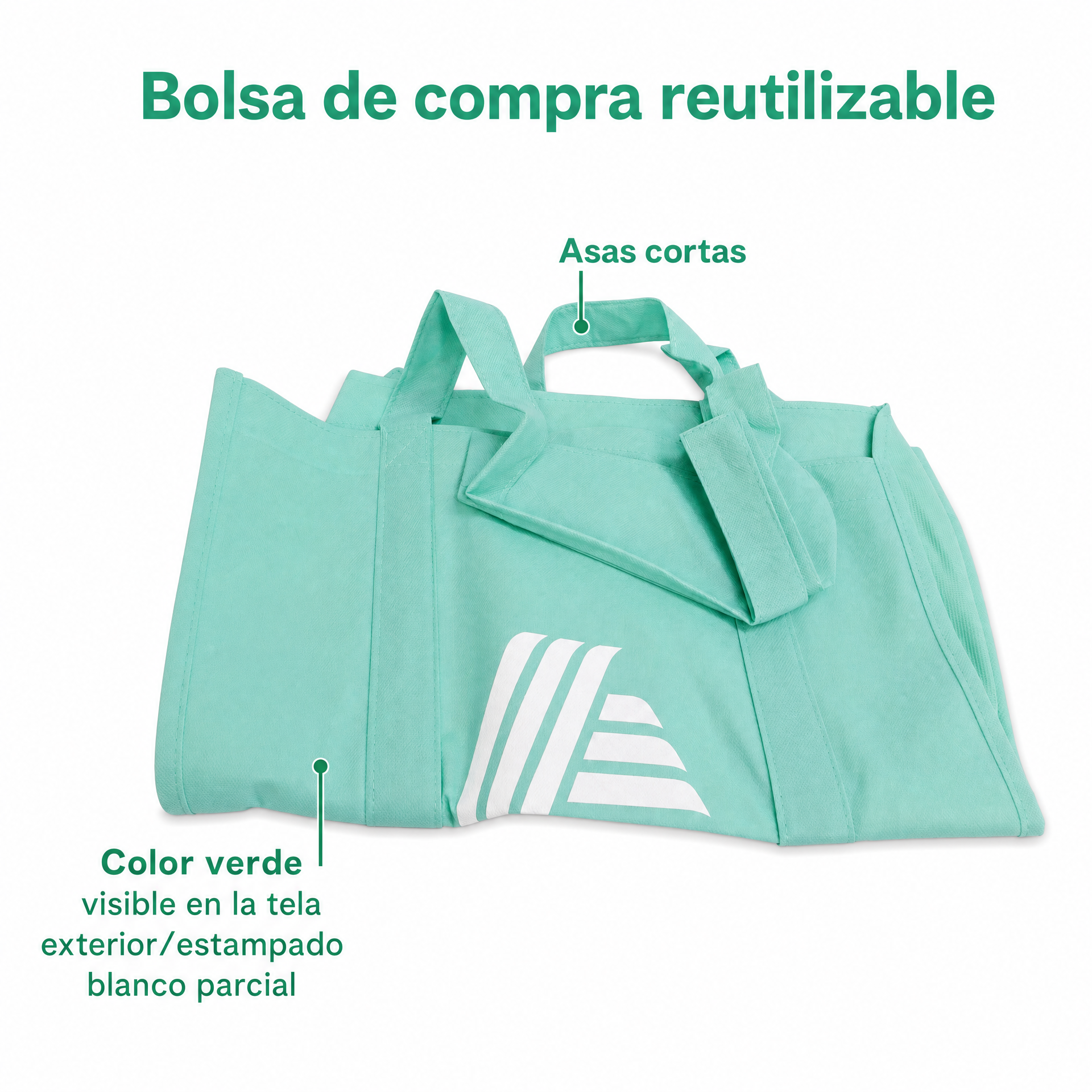 Bolsa de compra reutilizable verde con asas cortas y estampado blanco parcial en el frontal