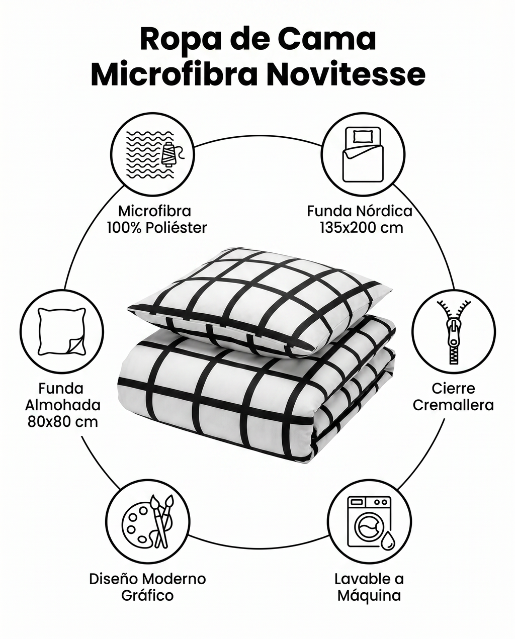 Ropa de Cama Microfibra Novitesse — Cuadros Gráficos Blanco y Negro 135x200cm