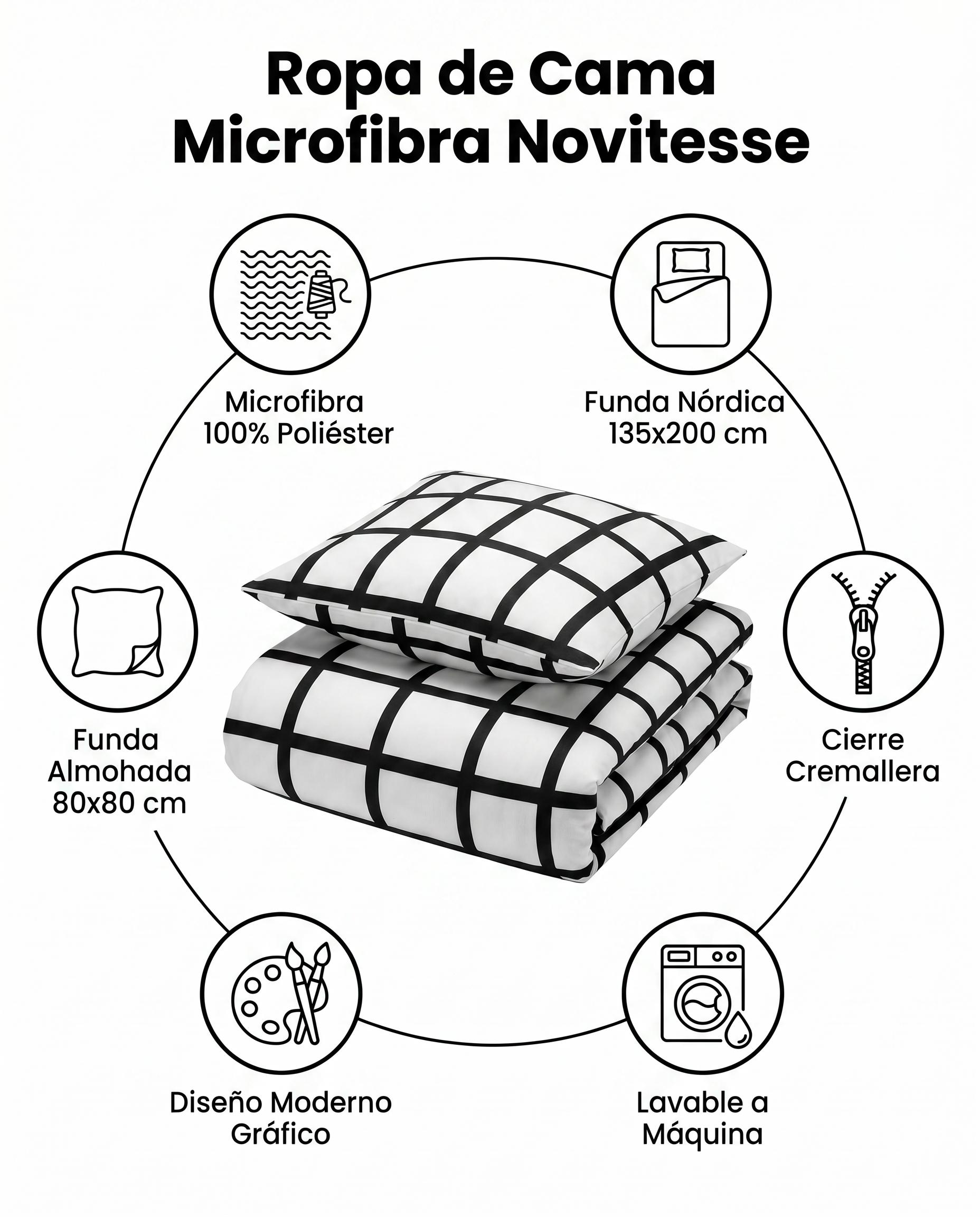 Ropa de Cama Microfibra Novitesse — Cuadros Gráficos Blanco y Negro 135x200cm