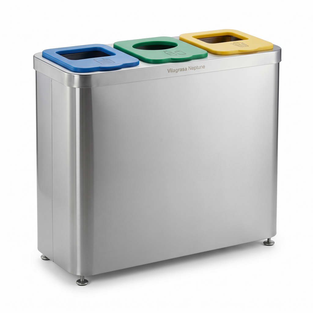 Papelera de Reciclaje Vilagrasa NEPTUNE — Papelera Reciclaje  De 3 Residuos Cuerpo Acero