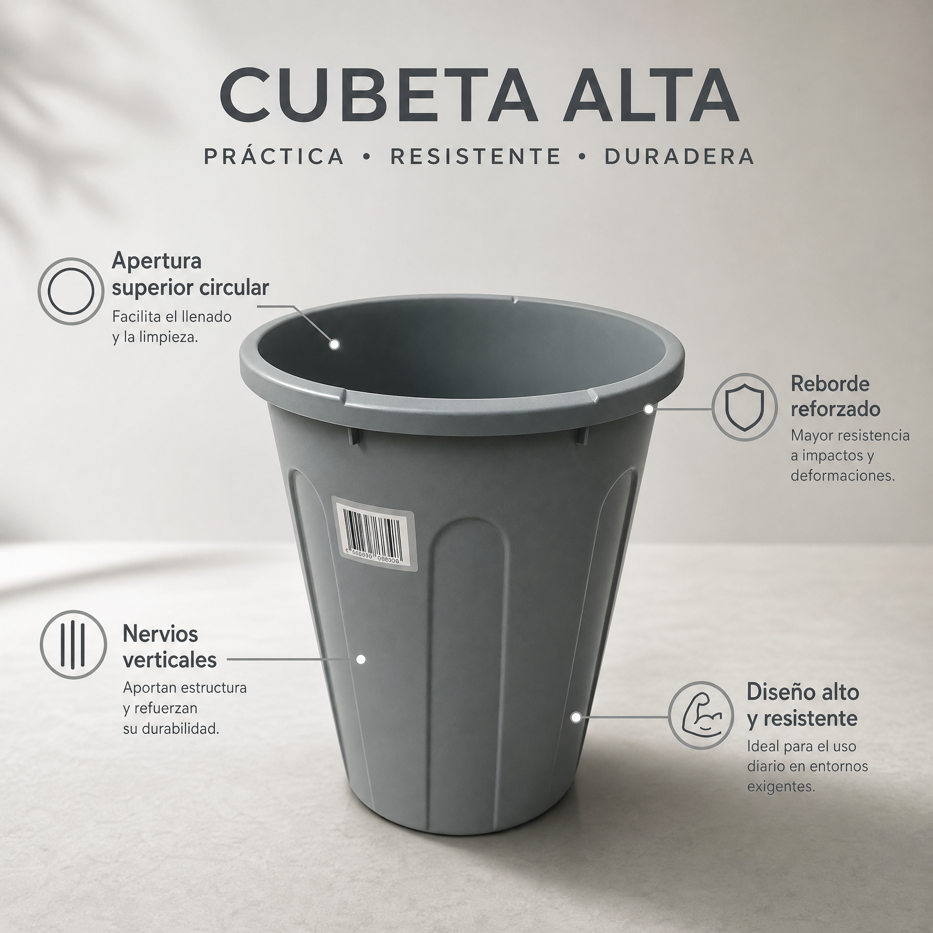 Cubo alto gris abierto con reborde reforzado
