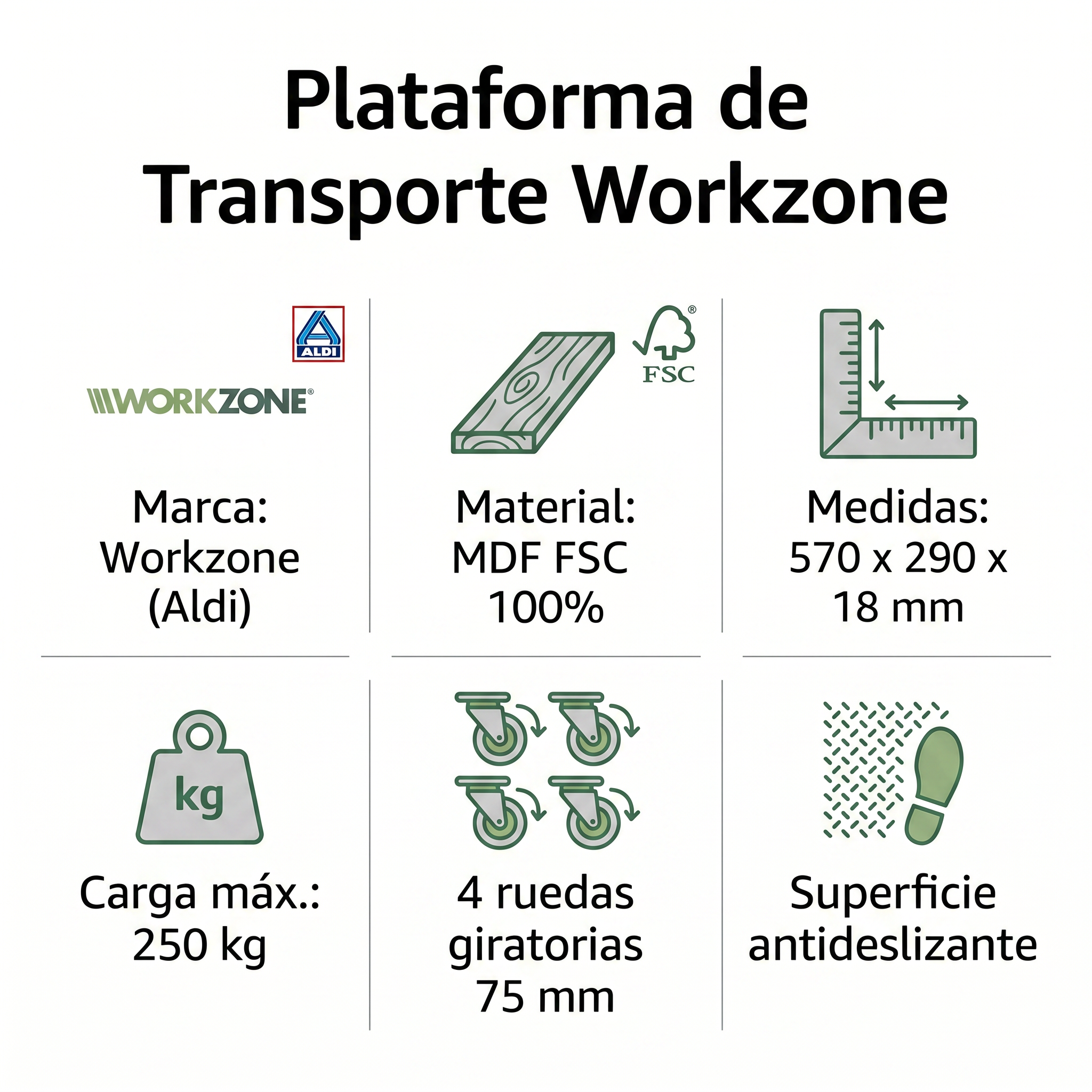 Plataforma de Transporte con Ruedas Workzone — Carga 250 kg