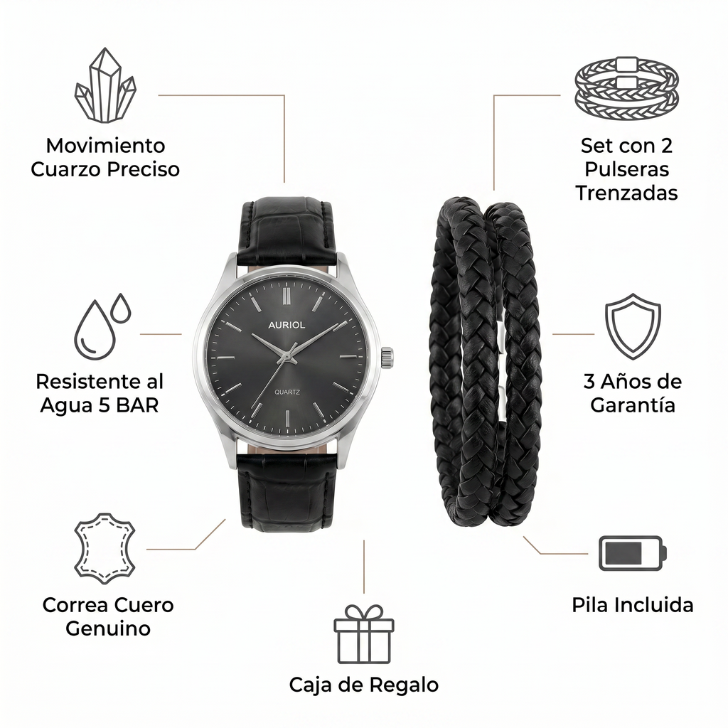 Set Reloj y Pulseras Auriol Hombre Negro — Cuero Trenzado + 3 Años Garantía