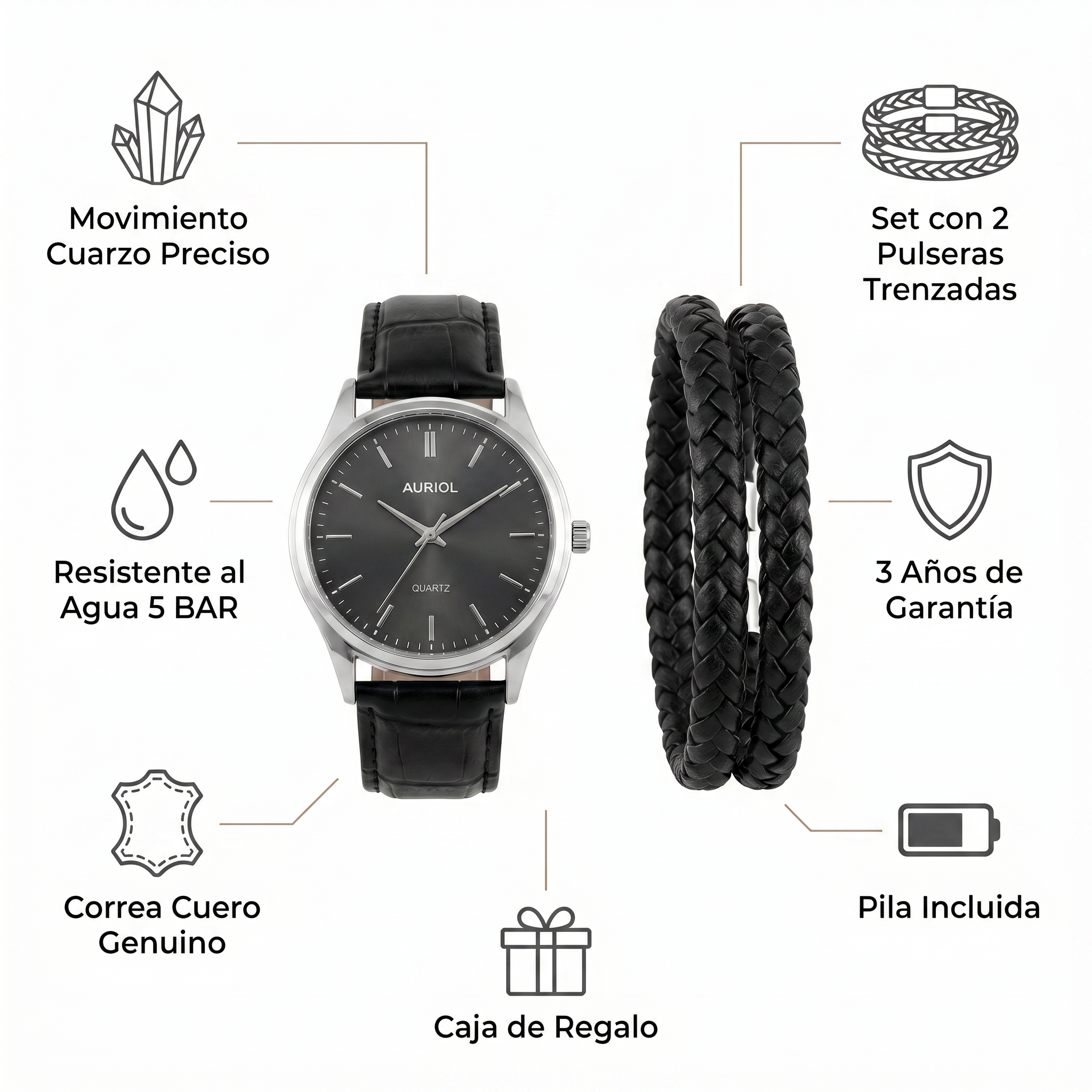 Set Reloj y Pulseras Auriol Hombre Negro — Cuero Trenzado + 3 Años Garantía