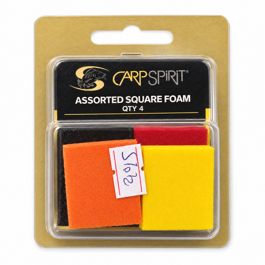 Envase de cuatro espumas Carp Spirit Assorted Square Foam en colores naranja, amarillo, rojo y negro