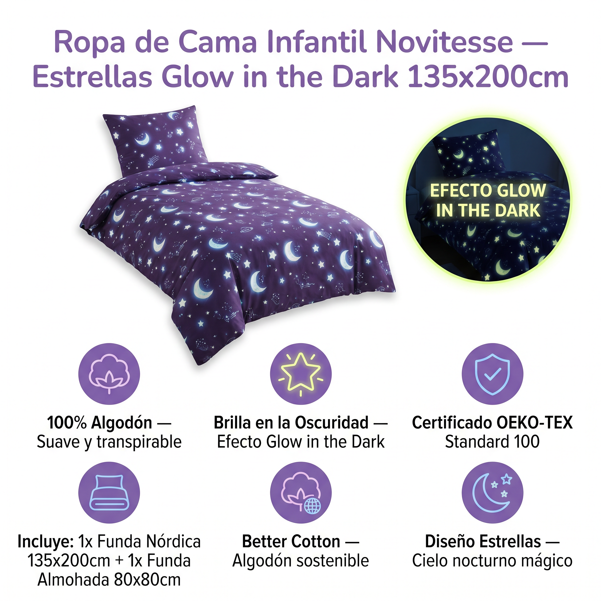 Ropa de Cama Infantil Novitesse Glow in the Dark — Estrellas 135x200cm