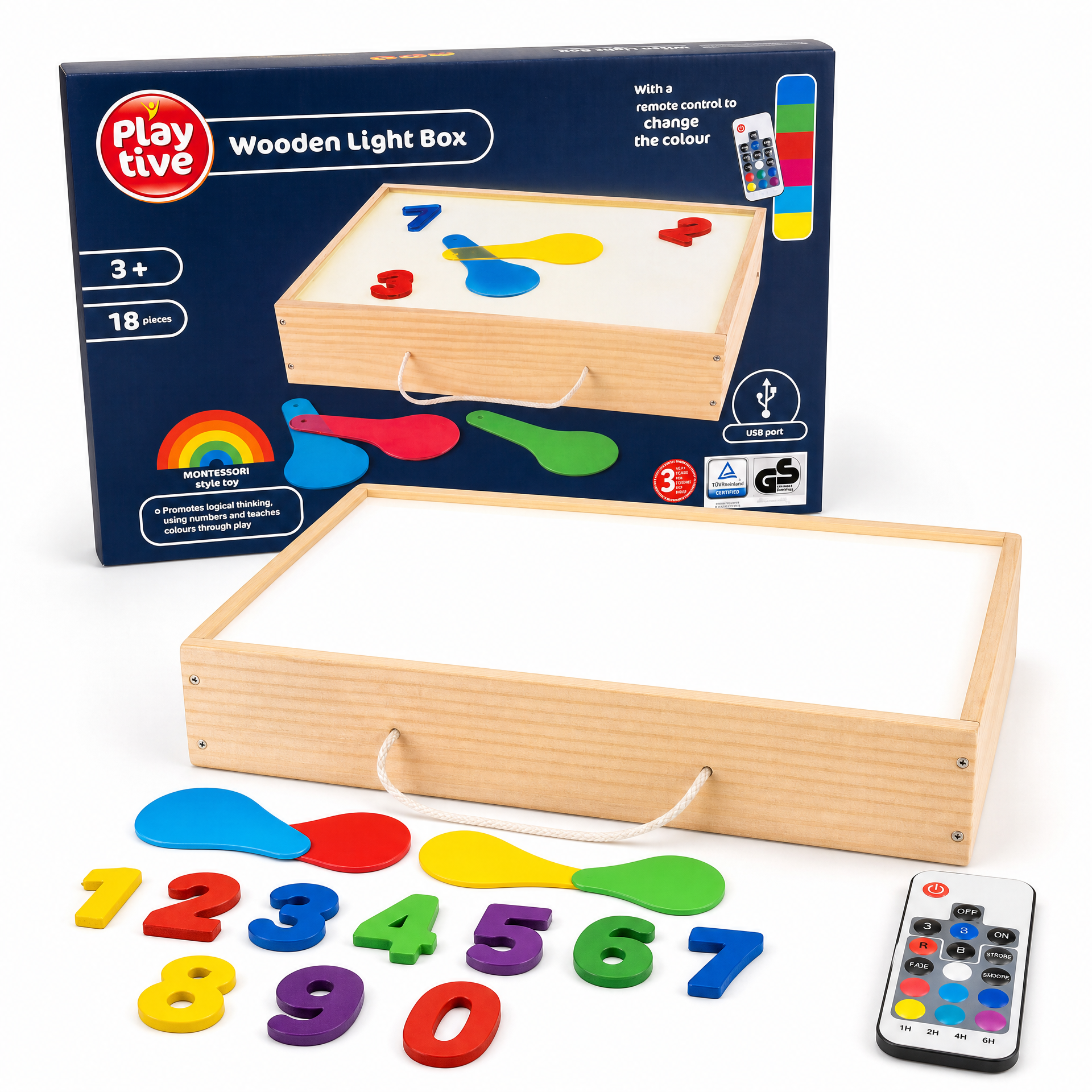 Mesa de Luz Playtive Wooden Light Box — Panel LED Multicolor con Mando a Distancia, 18 Piezas