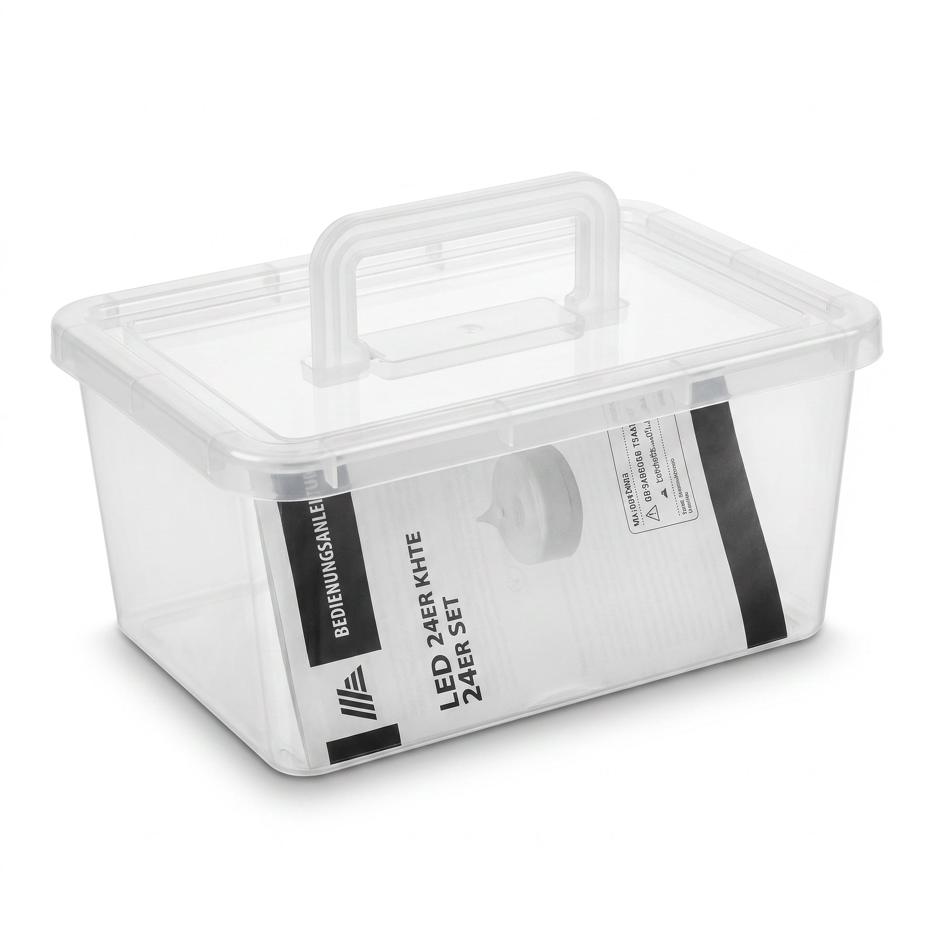 Caja de almacenaje rectangular transparente con tapa y asa integrada