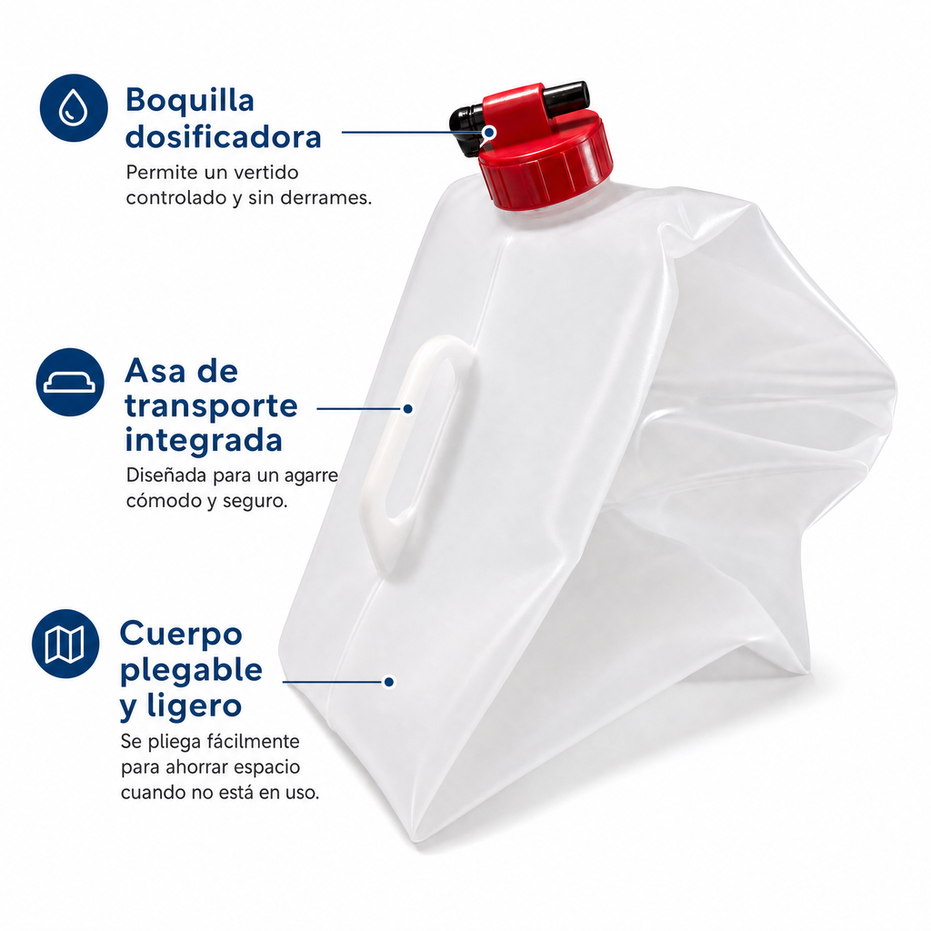 Bidón plegable translúcido con tapa de rosca, boquilla dosificadora y asa moldeada