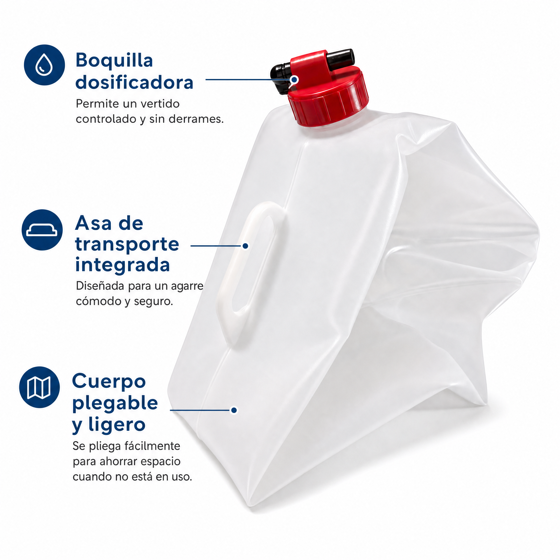 Bidón plegable translúcido con tapa de rosca, boquilla dosificadora y asa moldeada