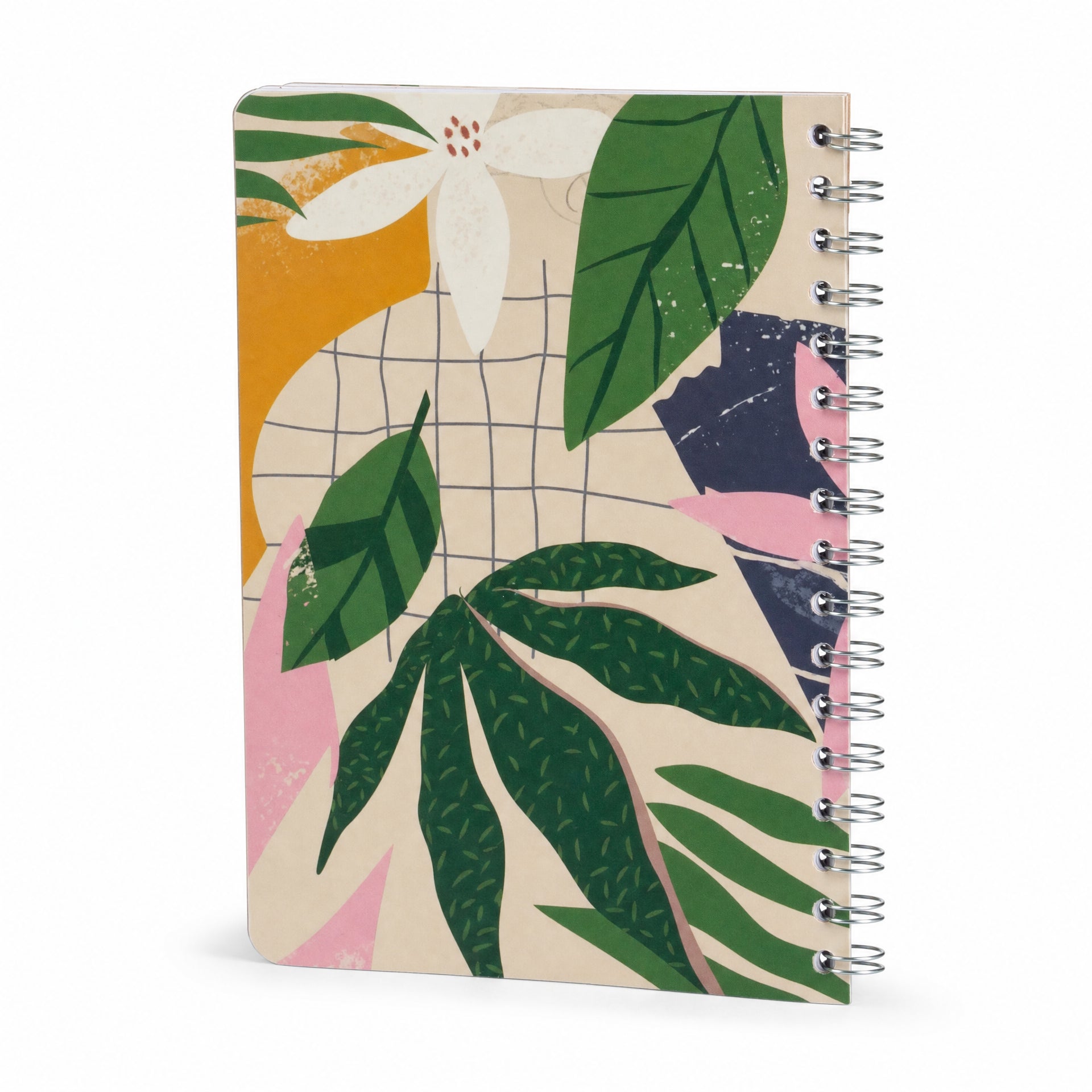 Cuaderno en espiral con portada impresa de hojas tropicales y flores sobre patrón cuadriculado