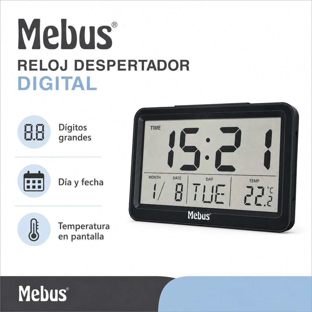 Mebus reloj despertador digital con pantalla extra grande y termómetro