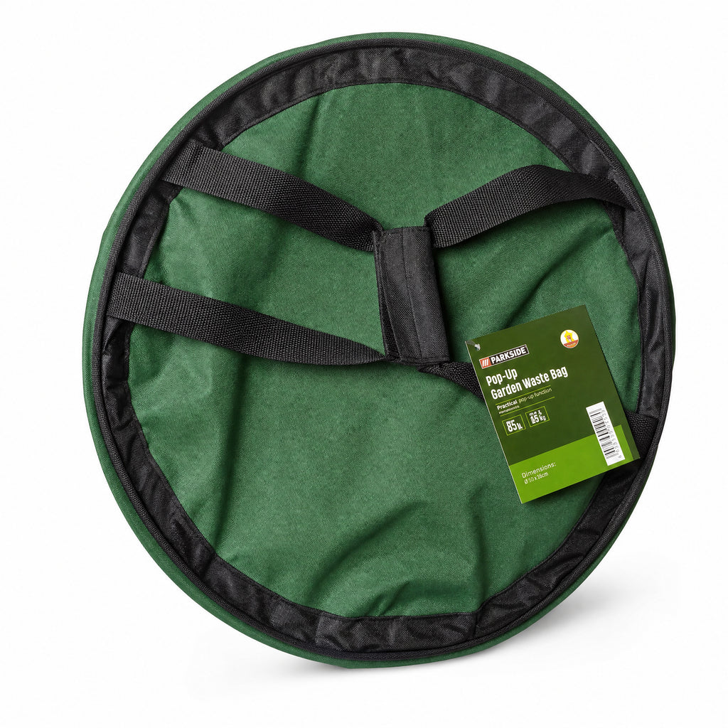 Bolsa plegable pop-up para residuos de jardín verde con asas negras y borde circular