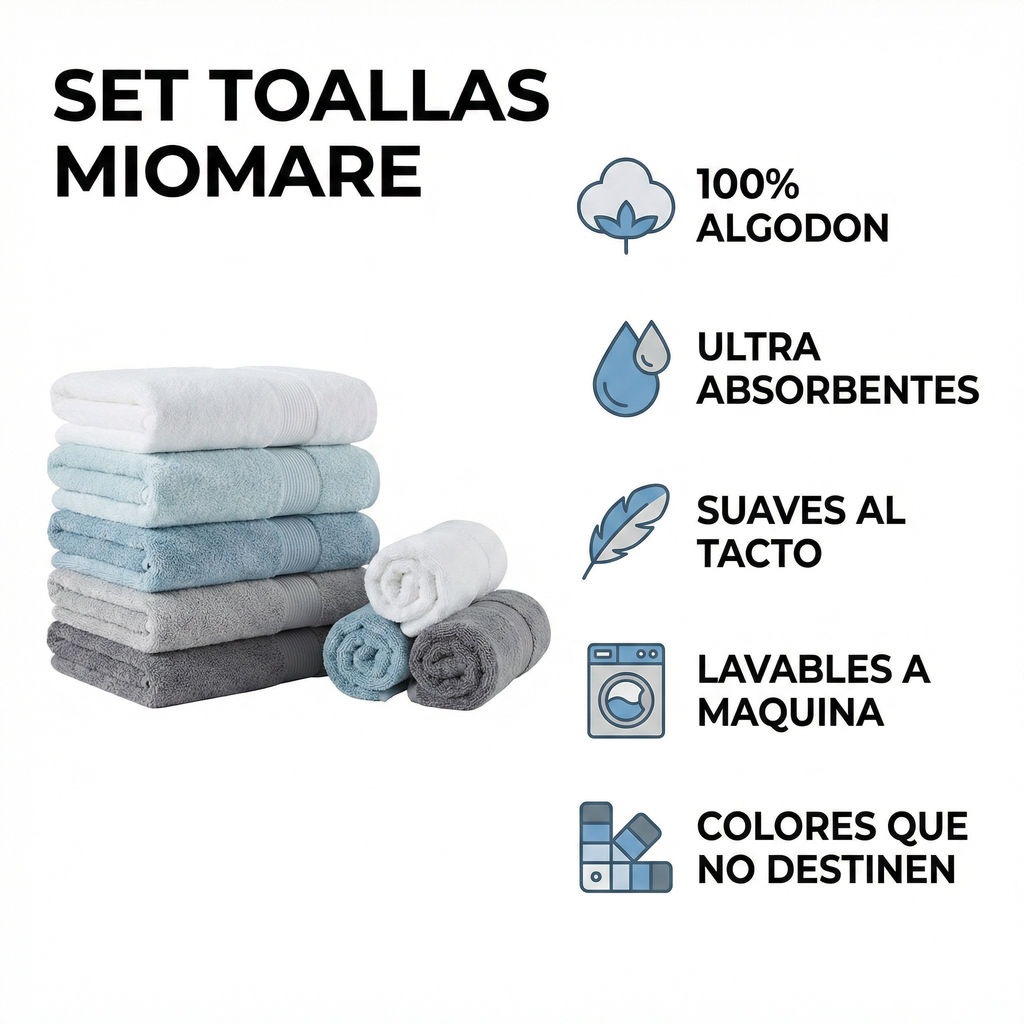 Set Toallas Miomare 100% Algodón Ultra Absorbentes