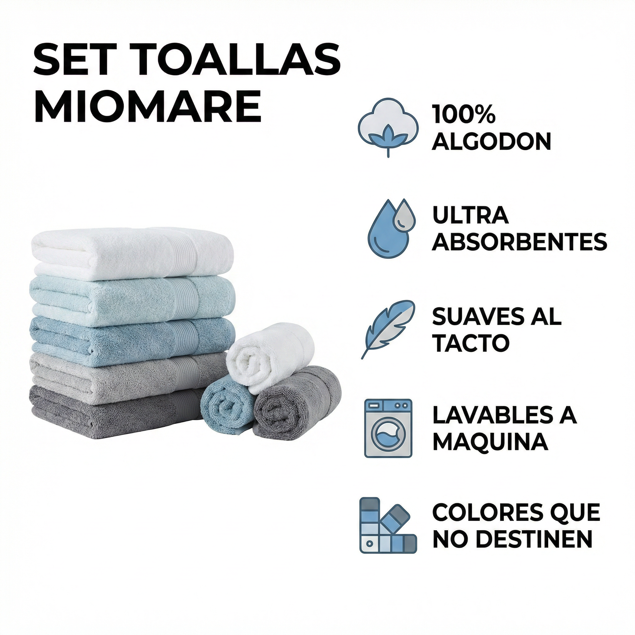 Set Toallas Miomare 100% Algodón Ultra Absorbentes