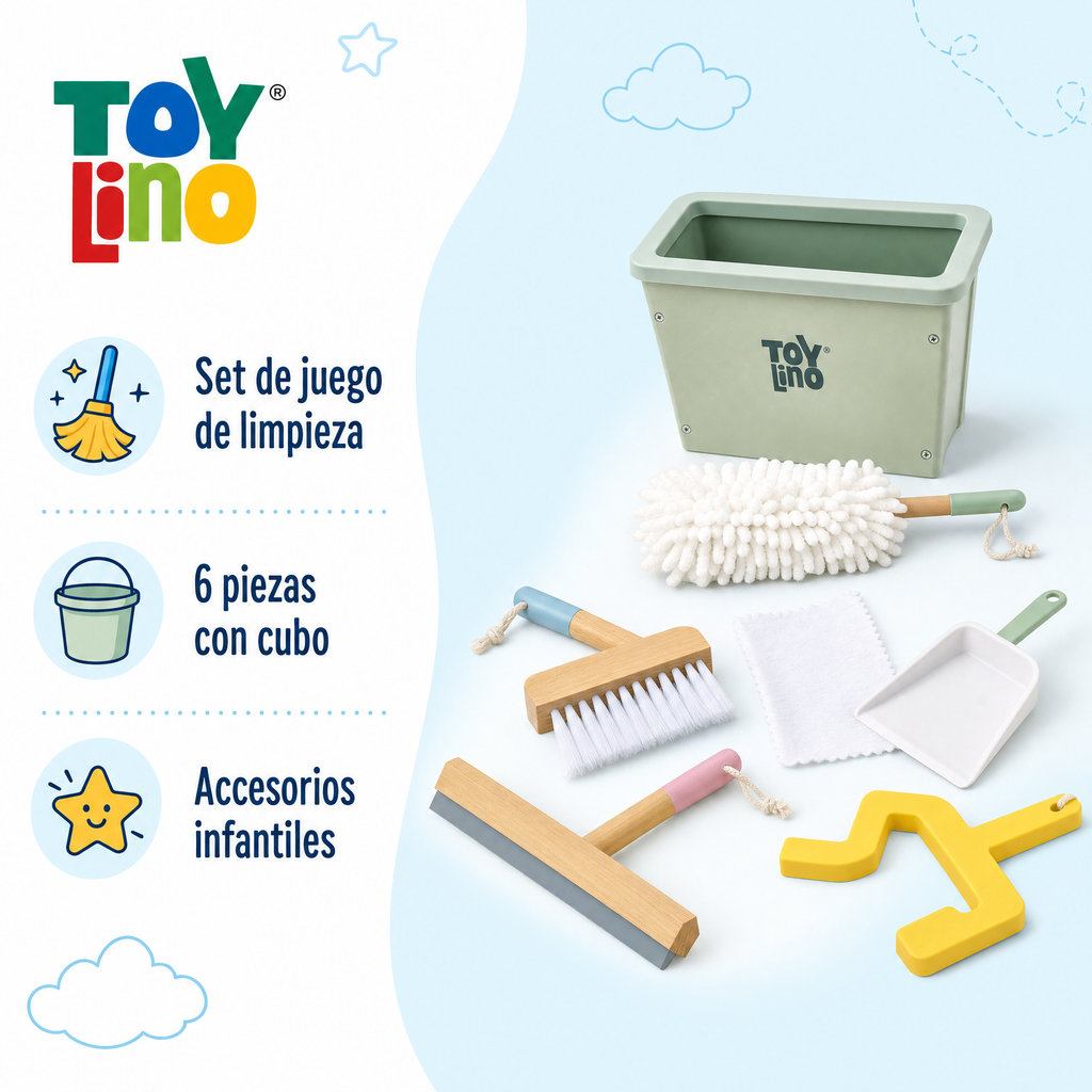 ToyLino set de limpieza infantil — 6 piezas con cubo y accesorios