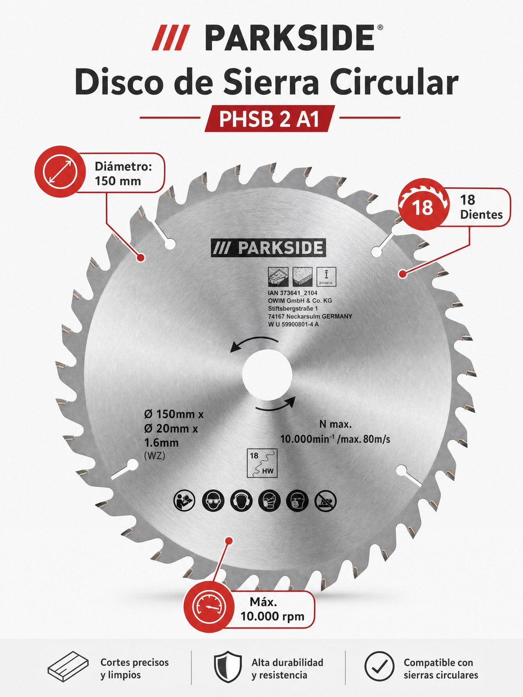 PARKSIDE Hoja de sierra circular PHSB 2 A1 Ø 150 mm Ø 20 mm 18 dientes