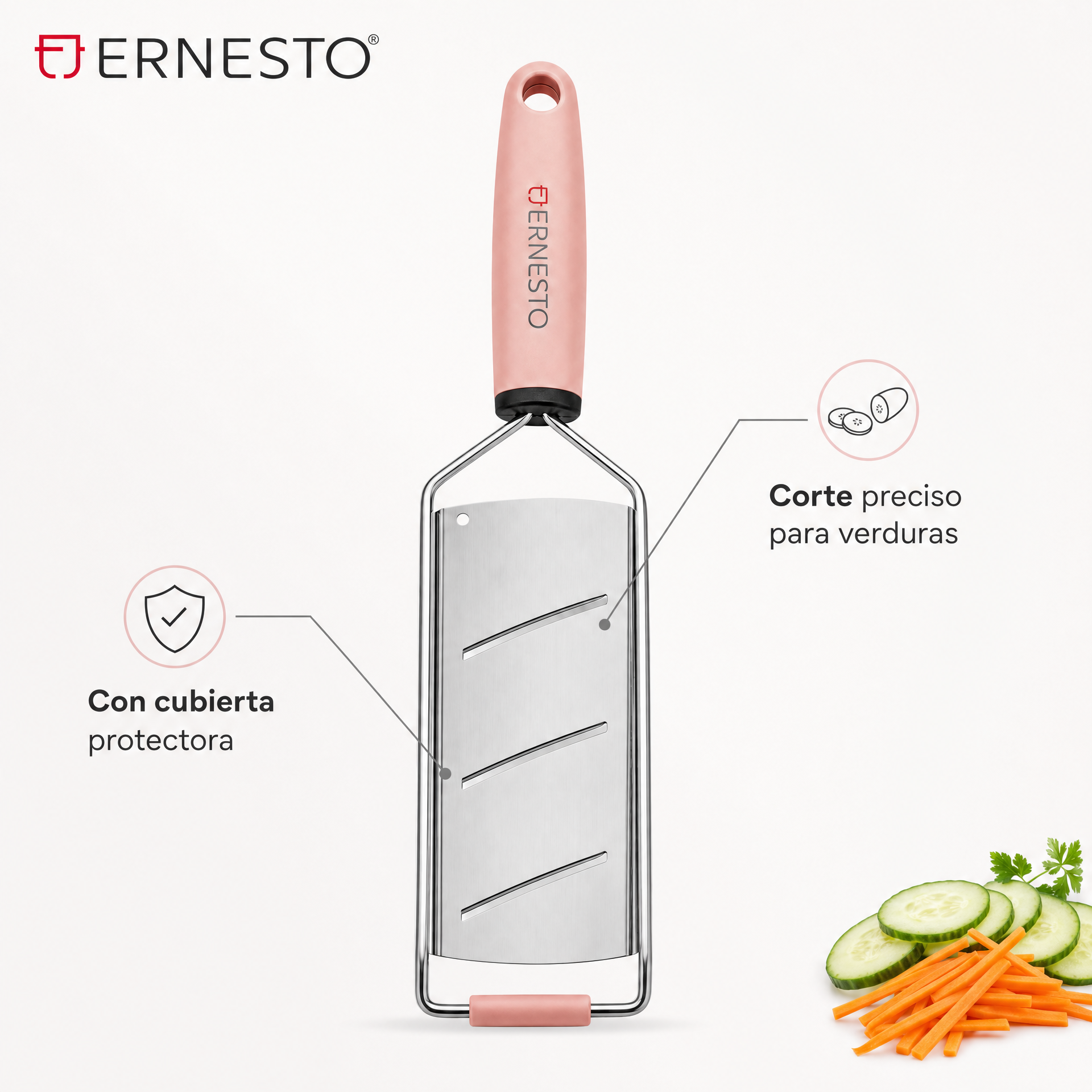 Cortador manual tipo slicer con mango rosa y hoja alargada