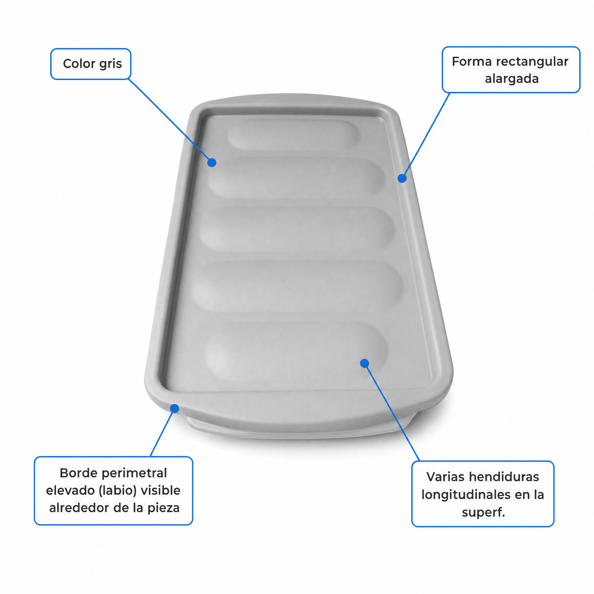 Tapa o bandeja rectangular gris con borde perimetral elevado y ranuras longitudinales
