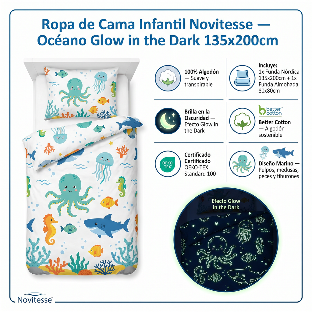 Ropa de Cama Infantil Novitesse Glow in the Dark — Océano 135x200cm