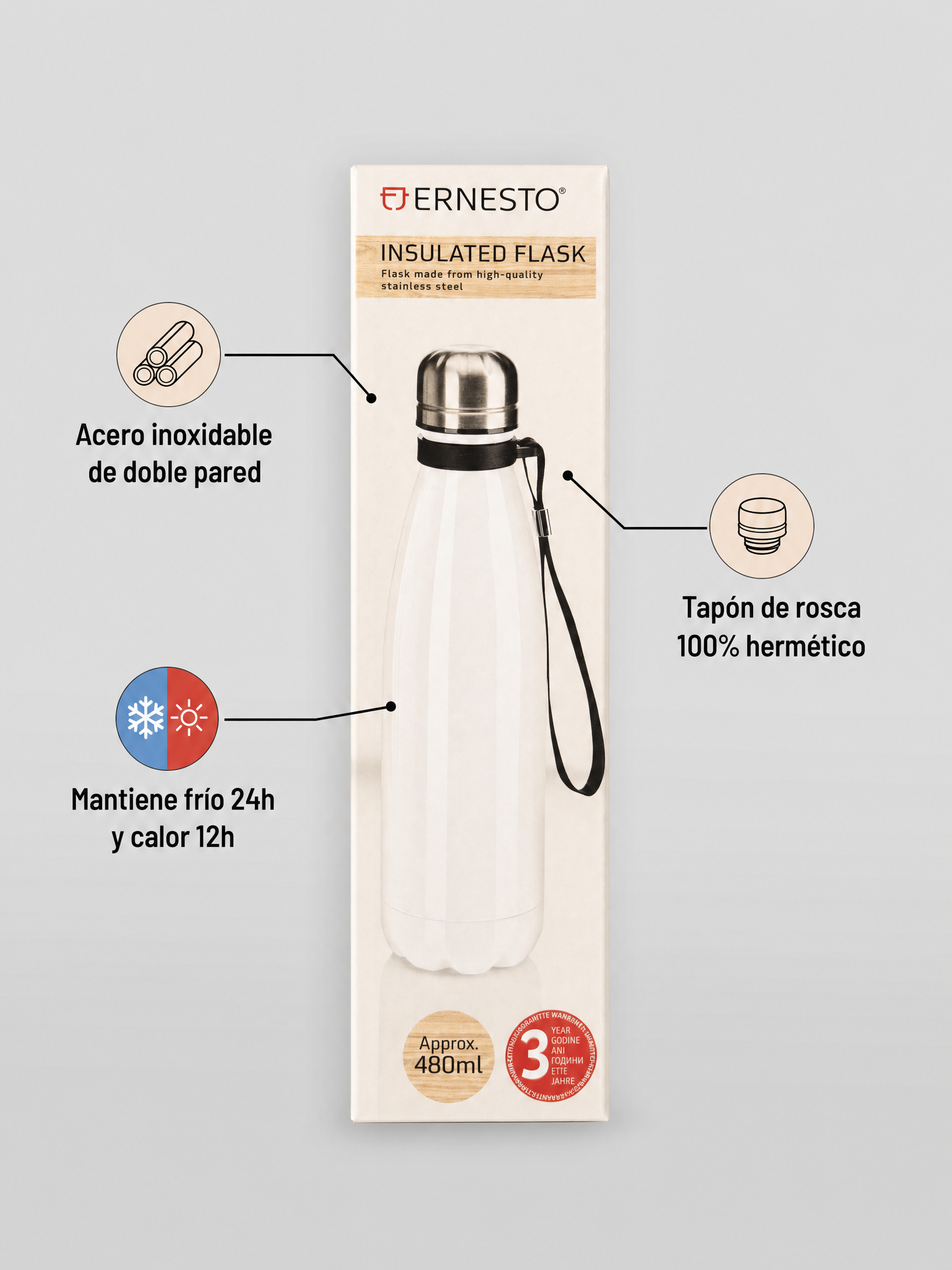 Ernesto botella térmica acero inoxidable doble pared tapón hermético sin BPA