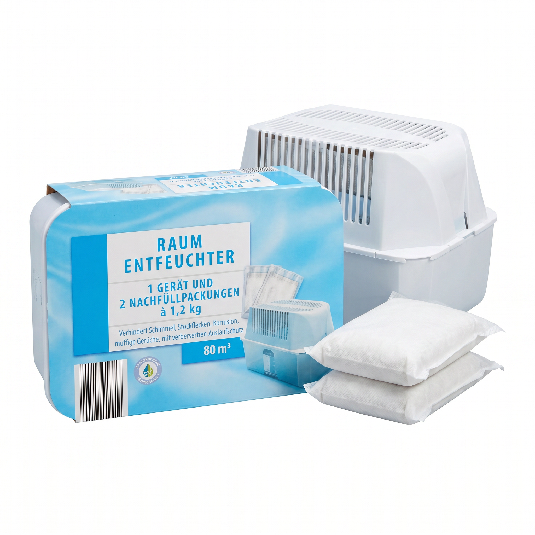 Deshumidificador de Ambiente Grande — 80 m³ con 2 Recargas de 1,2 kg