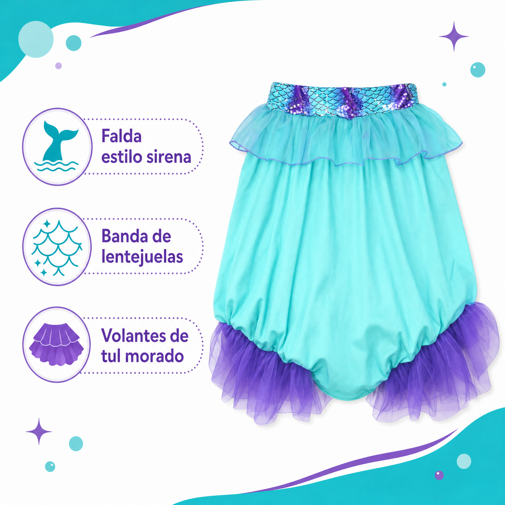 Falda tipo sirena turquesa con banda de escamas y volantes de tul morado