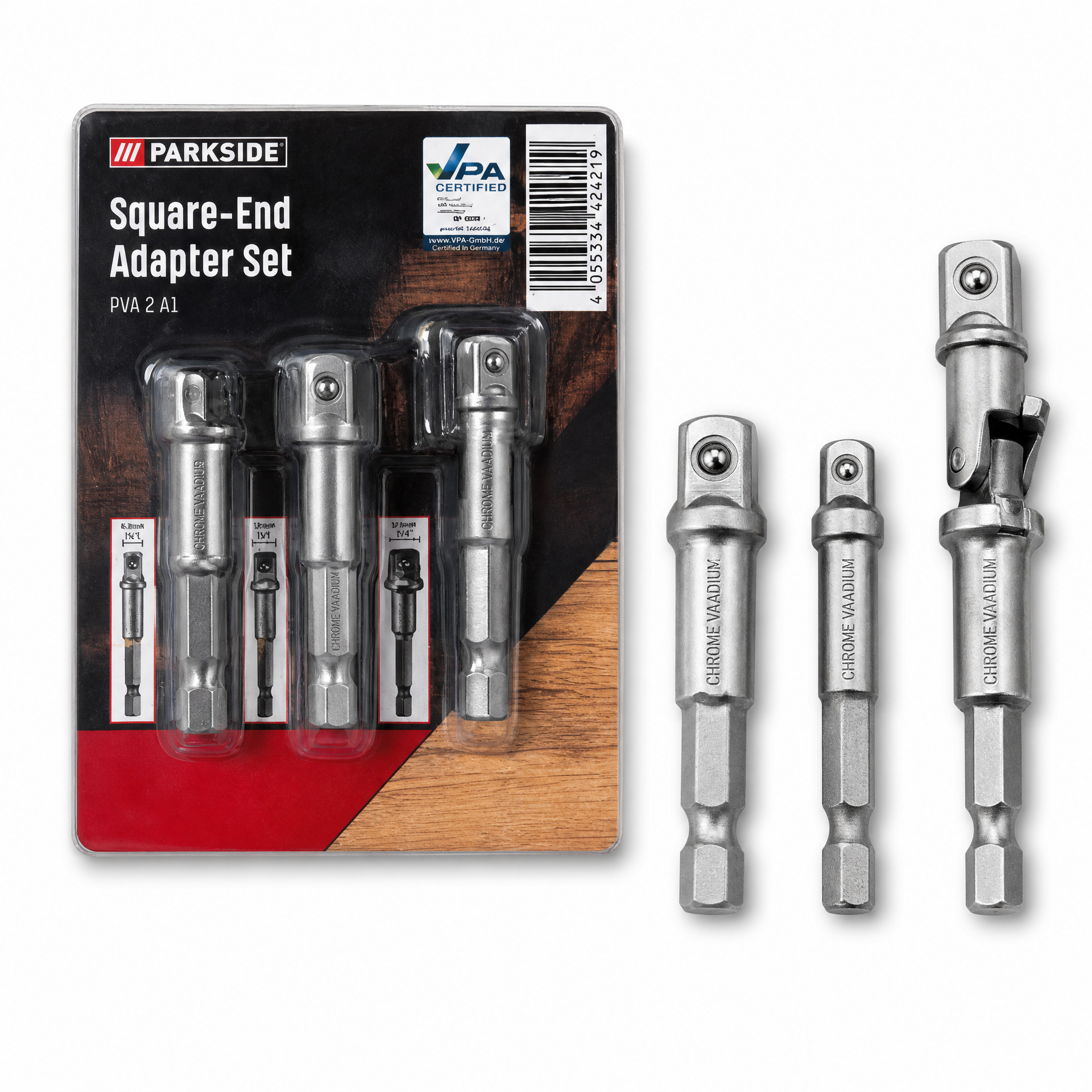 Parkside set de adaptadores con extremos cuadrados y vástagos hexagonales (3 piezas)