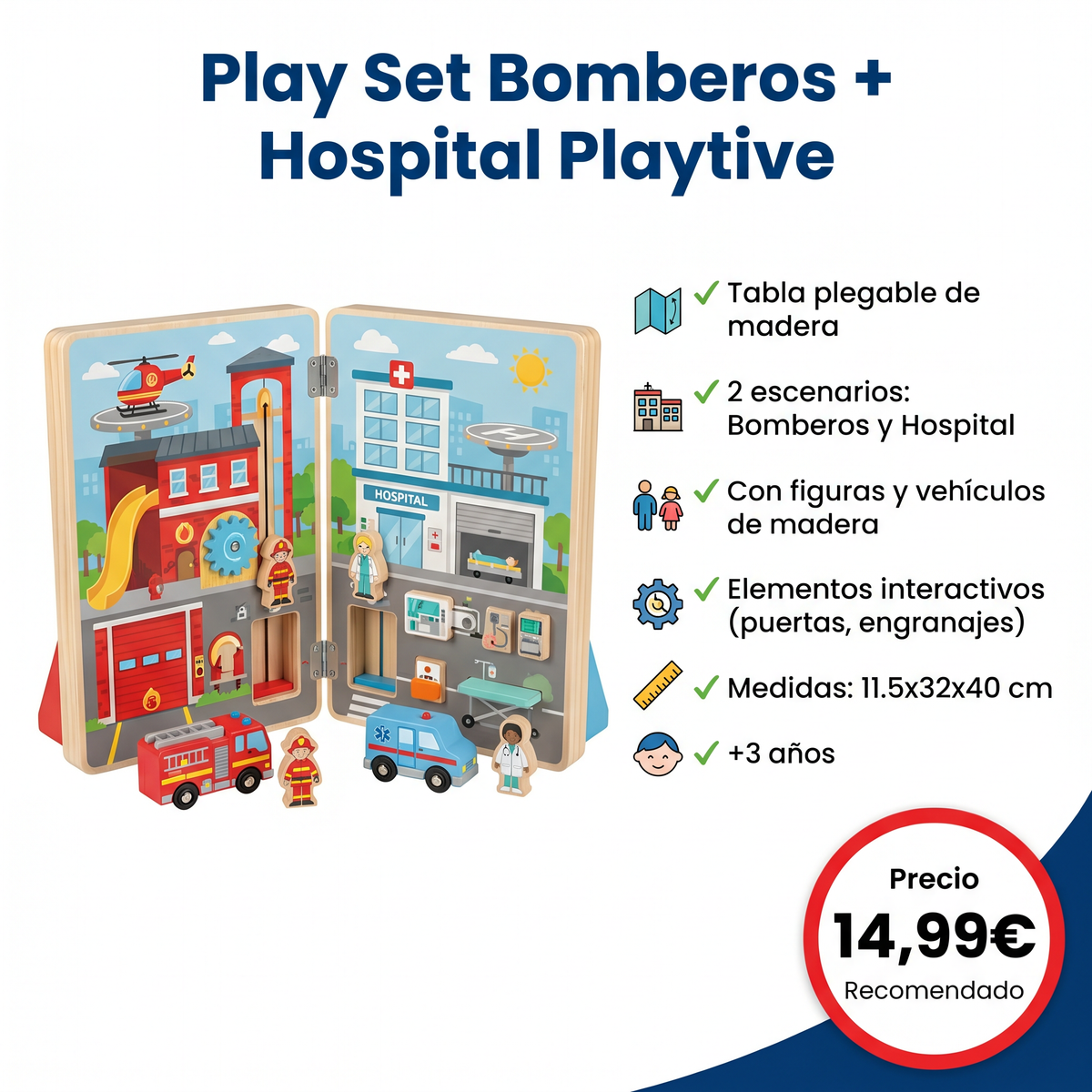 Playtive Play Set Bomberos + Hospital — Tabla Vertical Madera